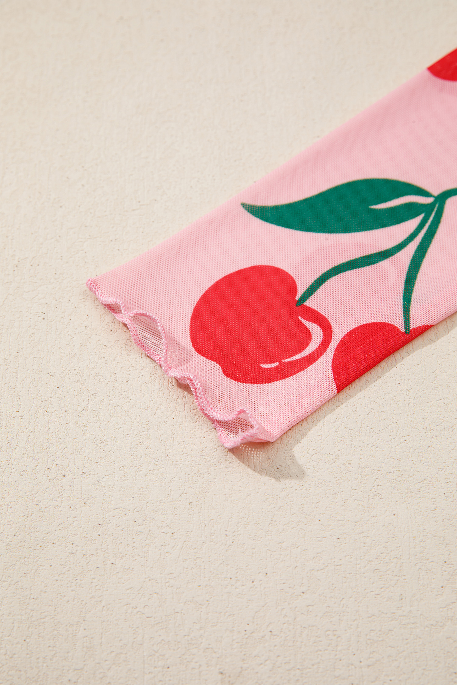 Pink Cherry Print Lettuce Trim Long Sleeve Mesh Top