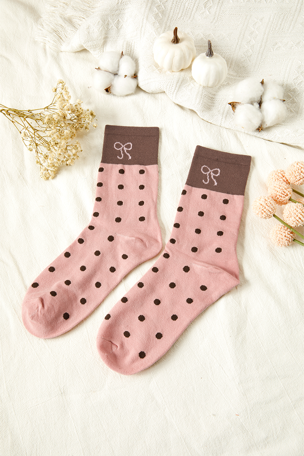 Blossom 1 Pairs Polka Dot Print Contrast Bow Block Socks