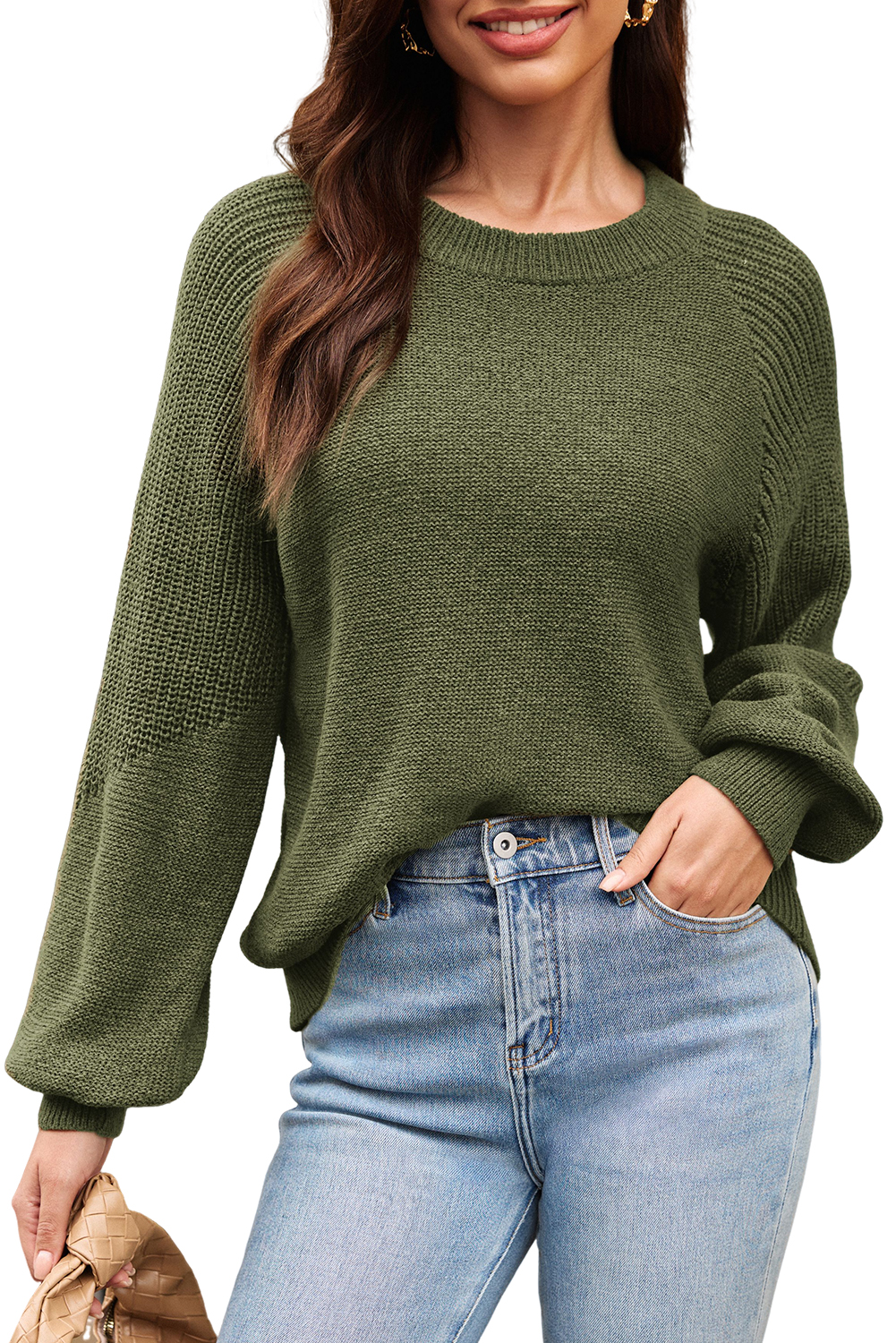 Vineyard Green Chunky Knit Raglan Sleeve Pullover Sweater