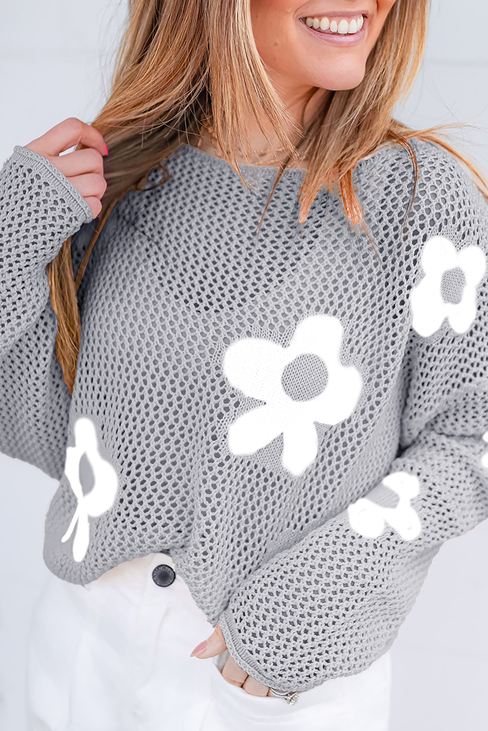 Light Pink Big Flower Hollowed Knit Drop Shoulder Sweater