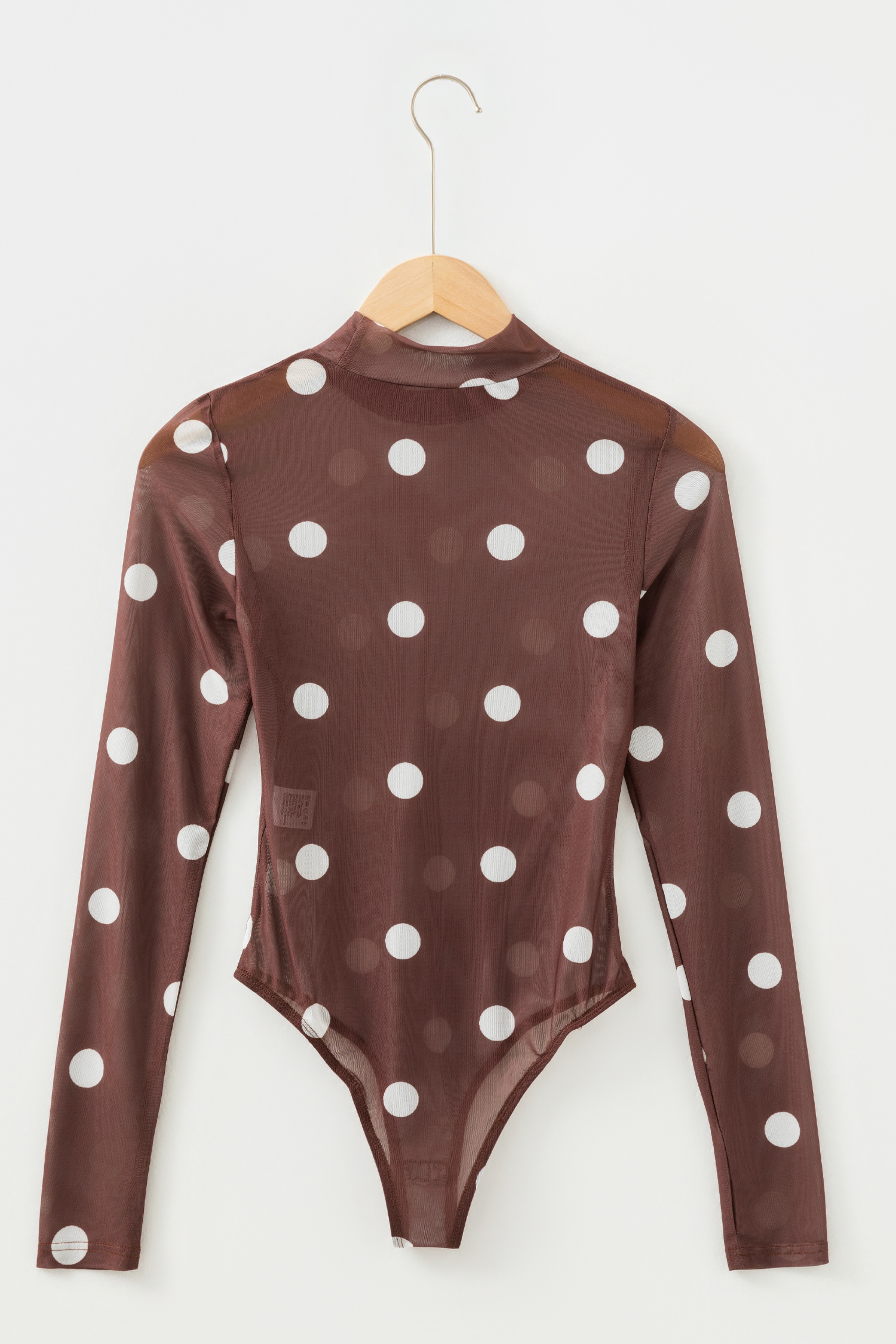 Brown Vintage Polka Dot Print Mesh Long Sleeve Bodysuit