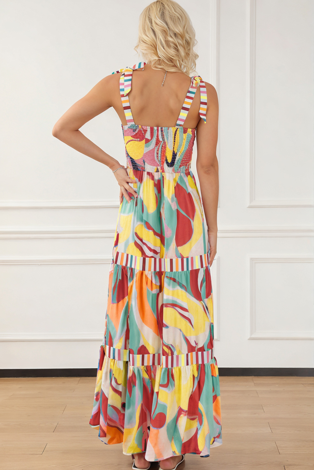 Sky Blue Abstract Print Striped Detail Knot Strap Maxi Dress