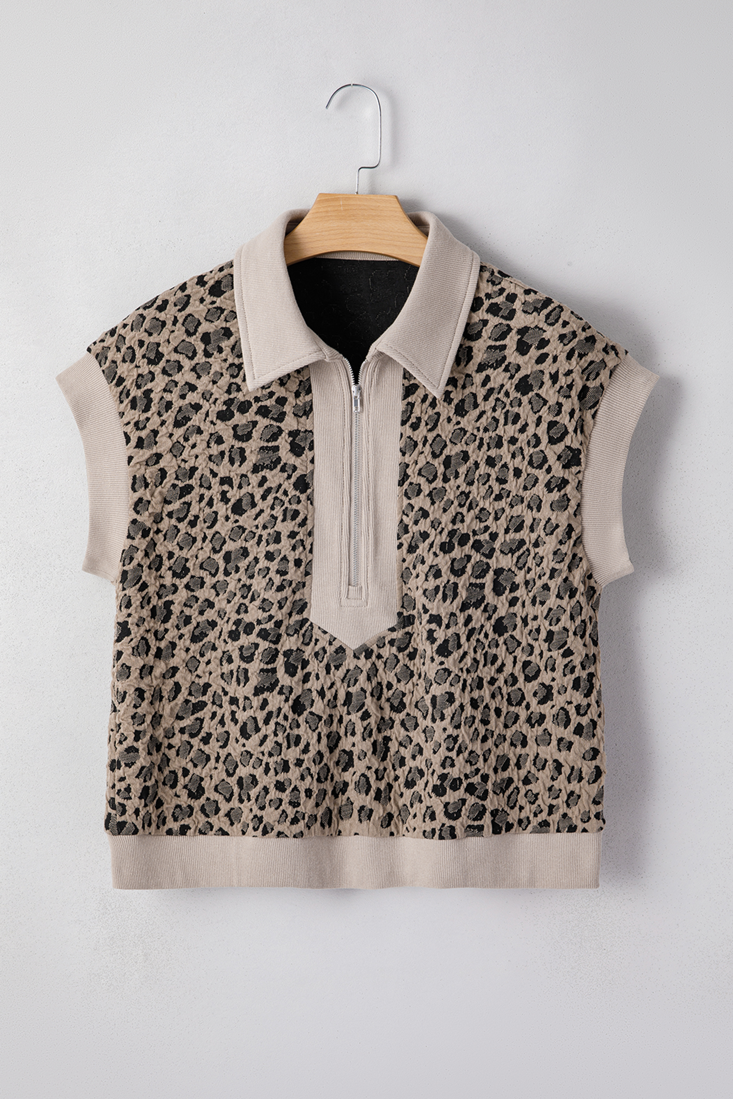 Beige Zip up Collared Leopard Cap Sleeve Top