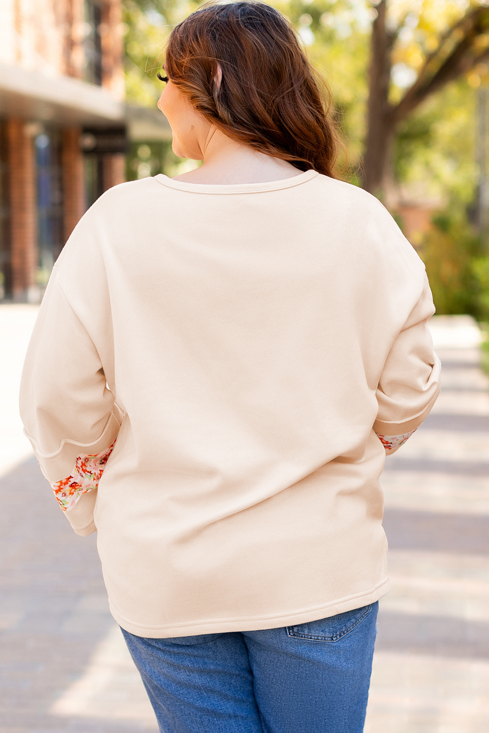 Beige Flower Patch Graphic Exposed Seam Wide Sleeve Top
