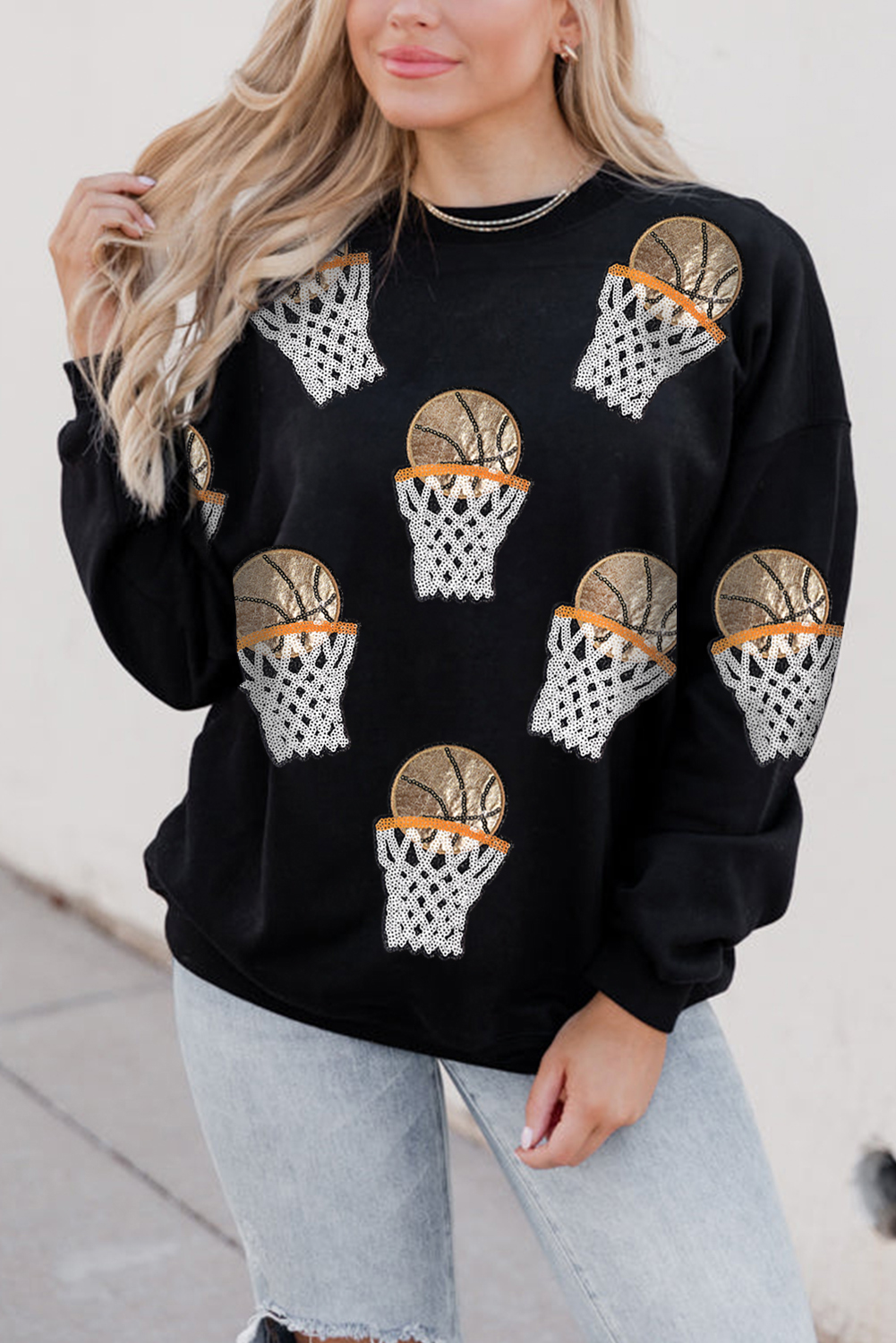 Black Sequin Basketball Patched Graphic Game Day T Shirt