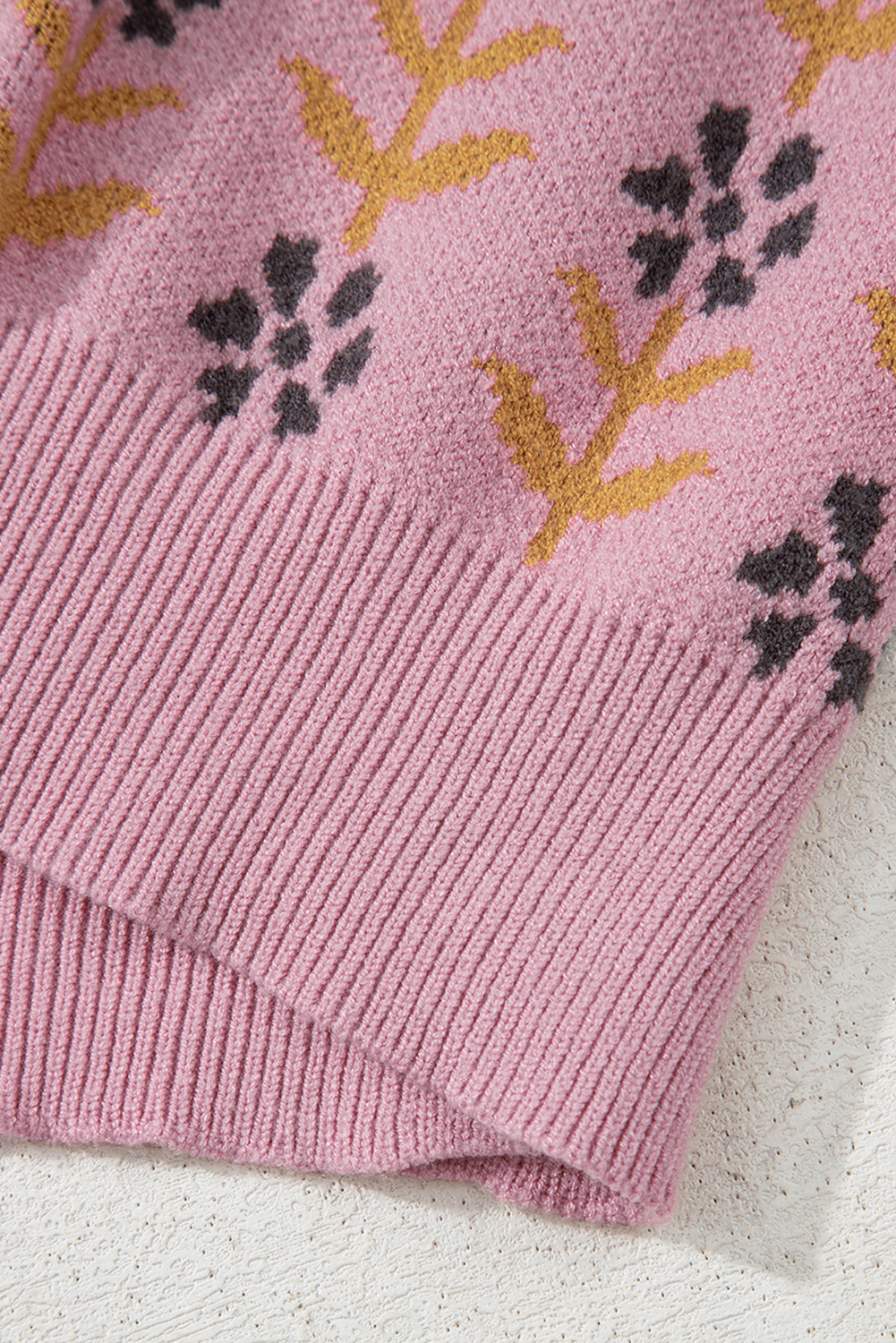 Pink Floral Button Down Ribbed Banded Cardigan Sweater