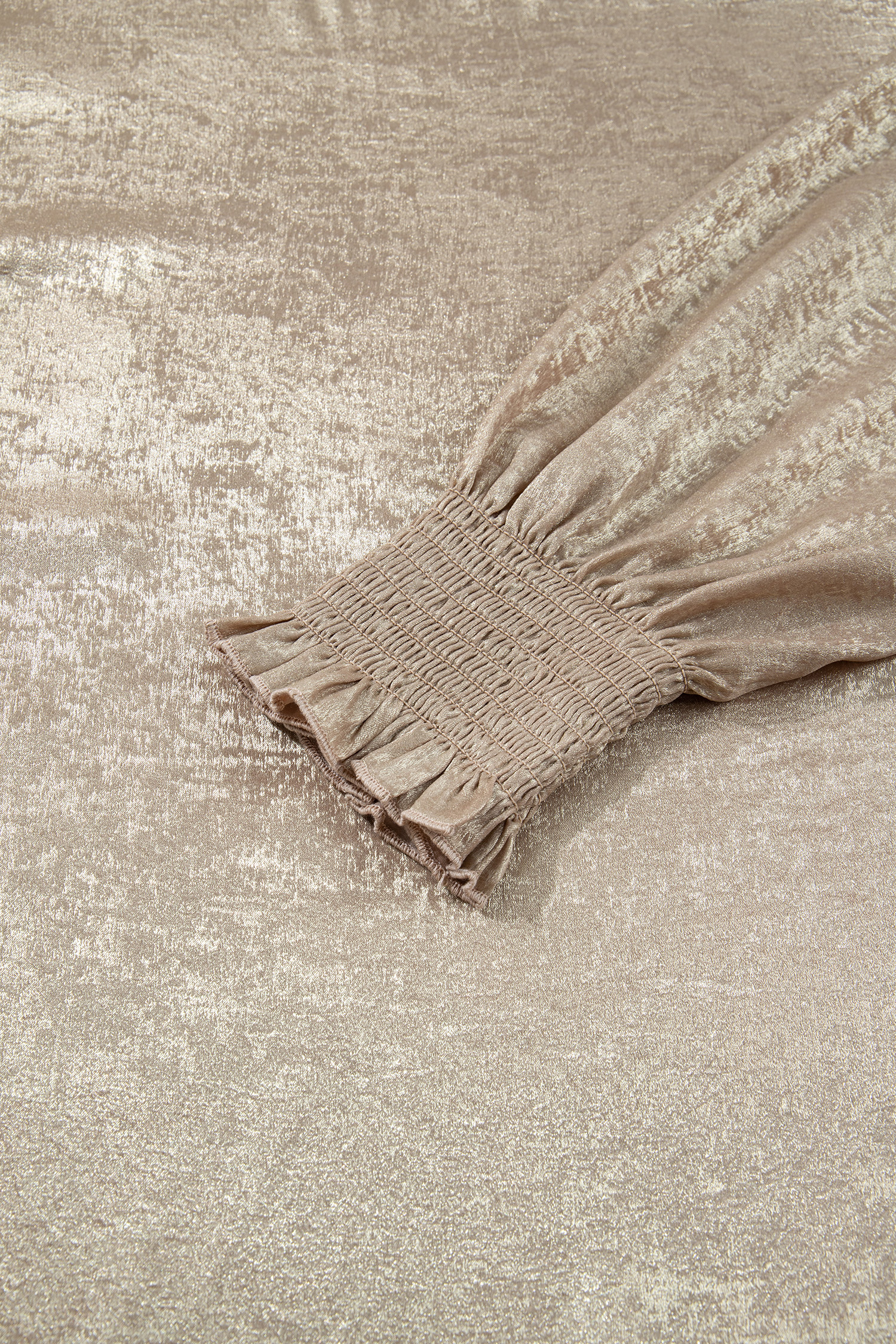 Apricot Metallic Round Neck Smocked Long Sleeve Blouse