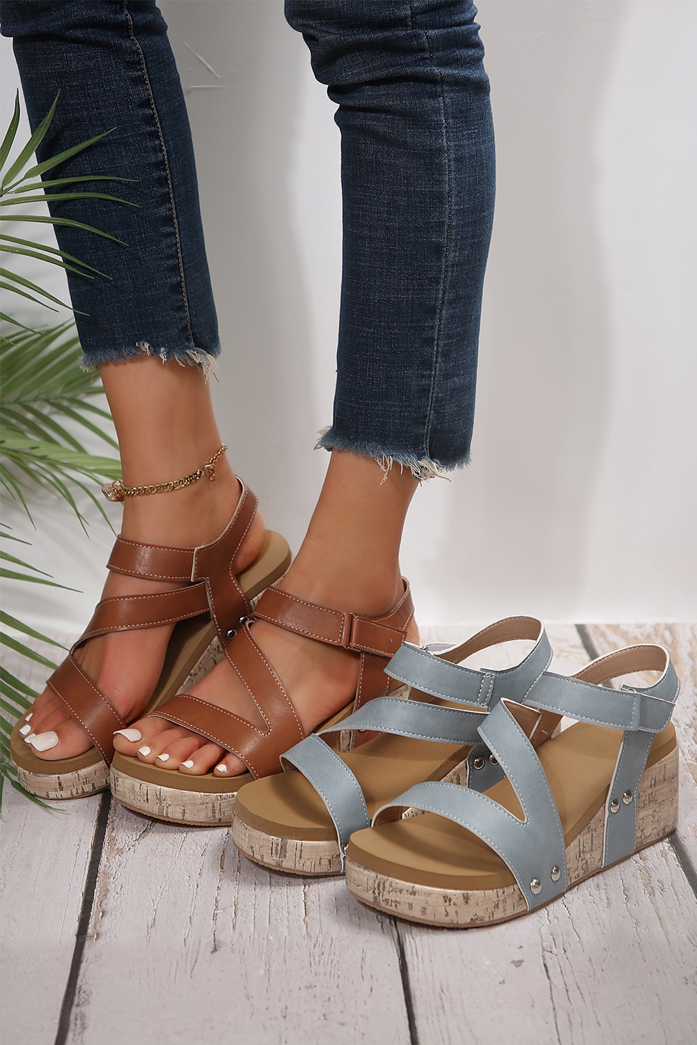 Light Blue Hollow Out Velcro Leather Wedge Sandals