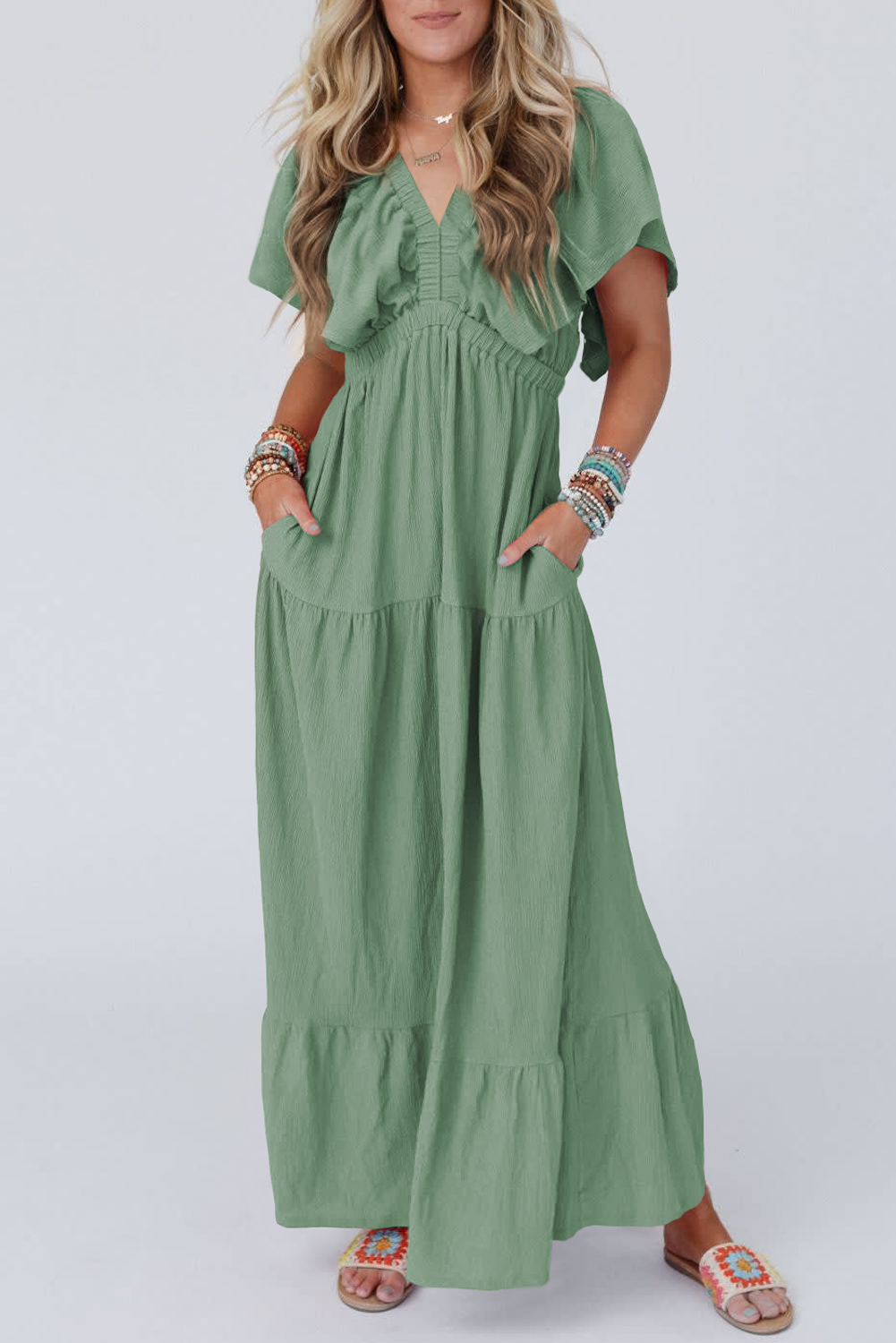 Grass Green Textured V Neck Flutter Sleeve Ruffled Maxi Dress