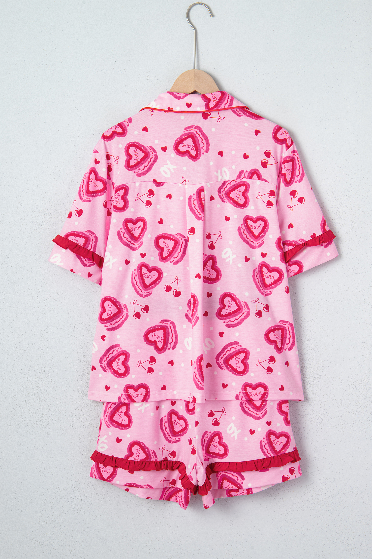 Pink Sweet Heart Cake Print Contrast Ruffle Trim Valentines 2pcs Pajama Set