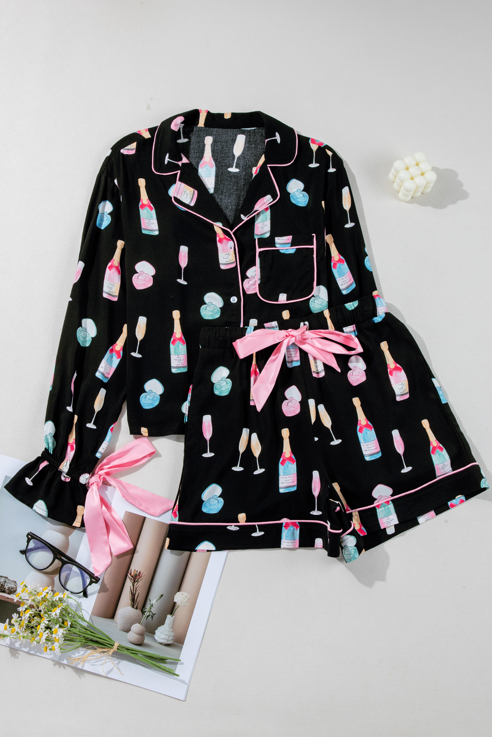 White Christmas Wine Glass Print Bow Knot Two Piece Pajama Set