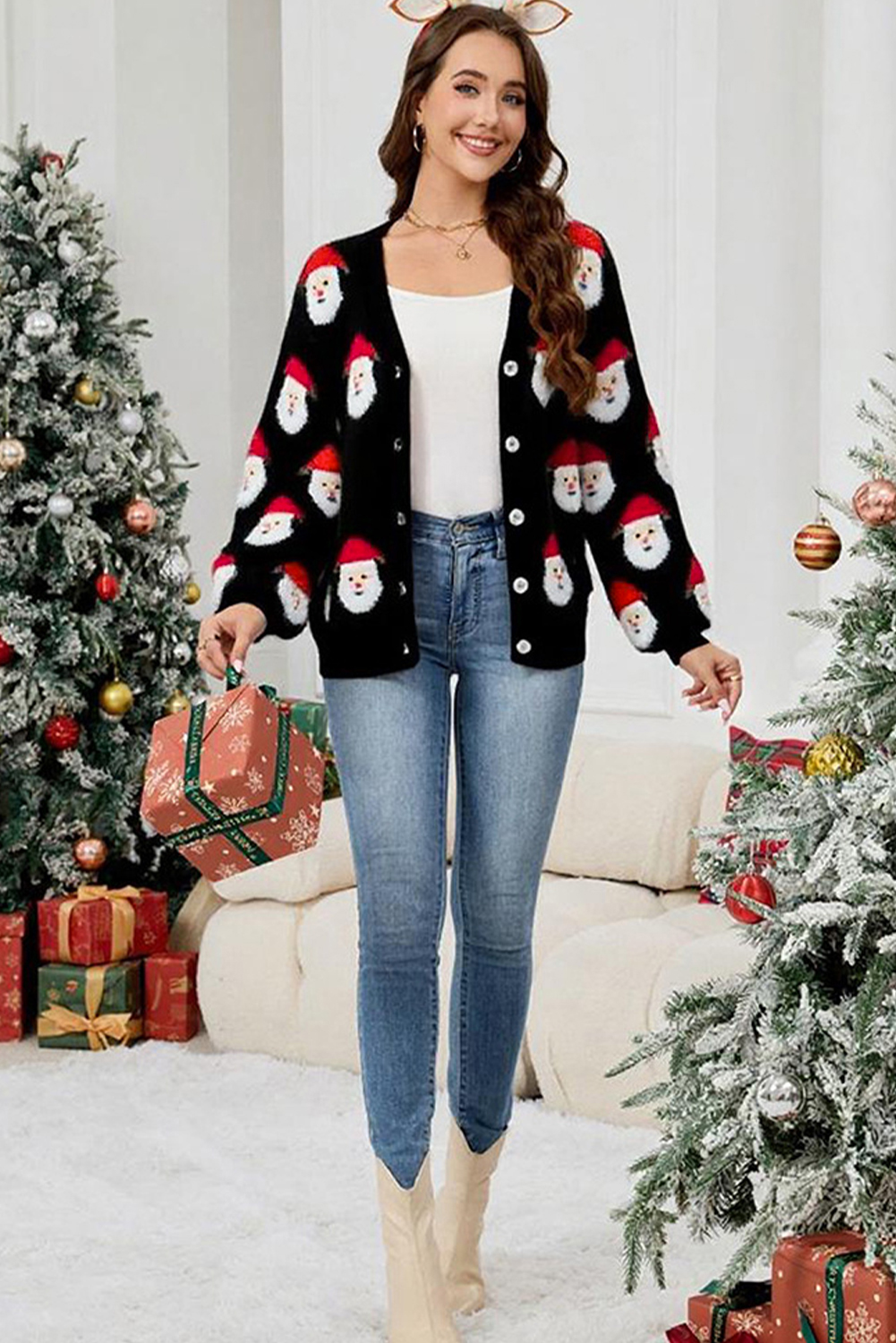 Black Christmas Santa Claus Pattern Button V Neck Sweater Cardigan