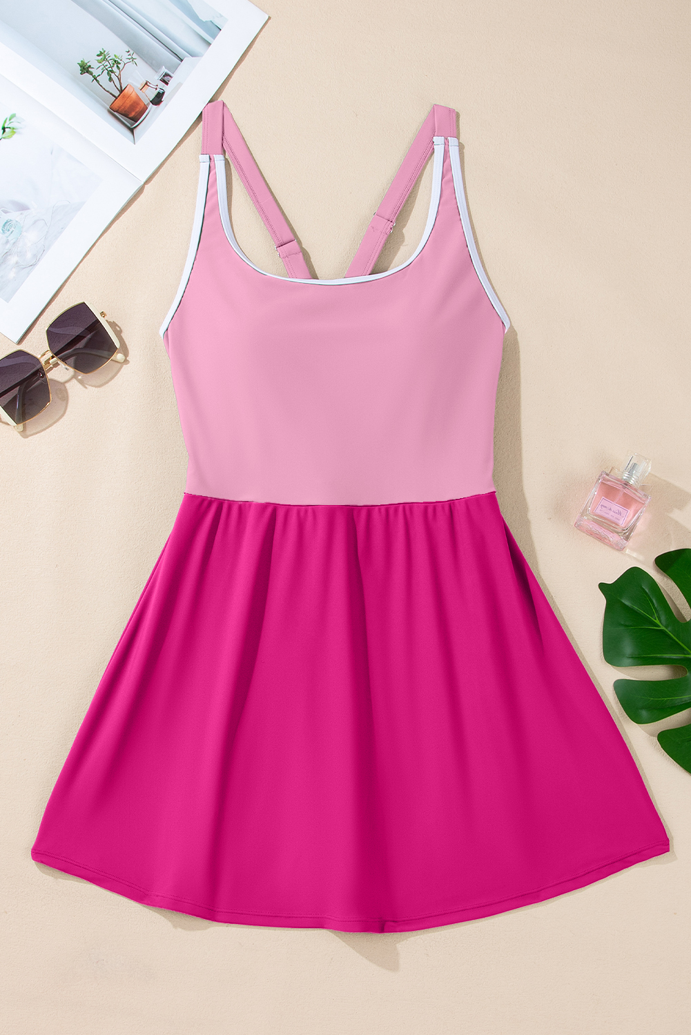 Bright Pink Contrast Edge Ruffled High Waist One Piece Swim Dress