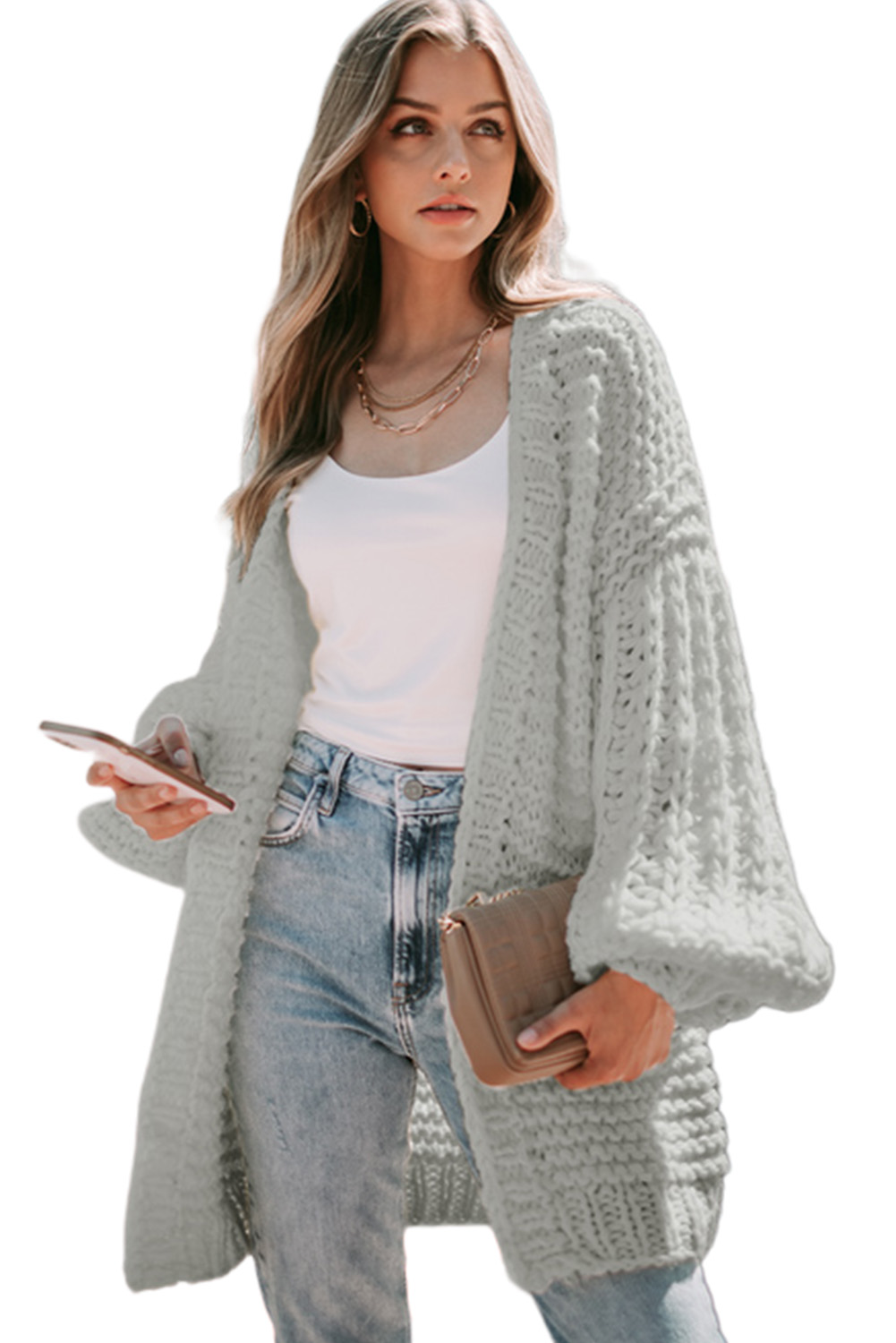 Gray Chunky Oversize Knit Drop Shoulder Puff Sleeve Cardigan