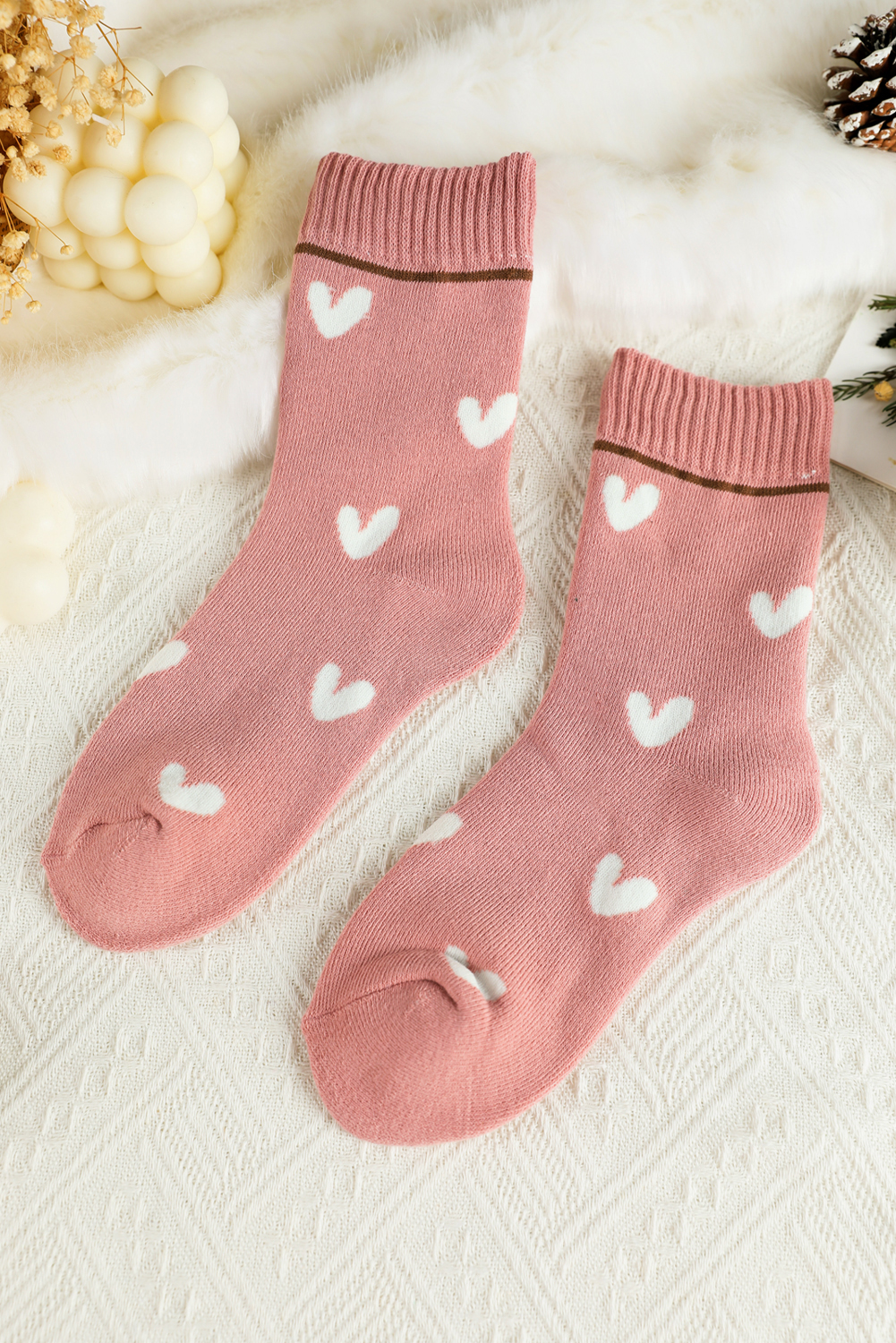 Pink Contrast Heart Print Ribbed Cuff Womens Crew Socks