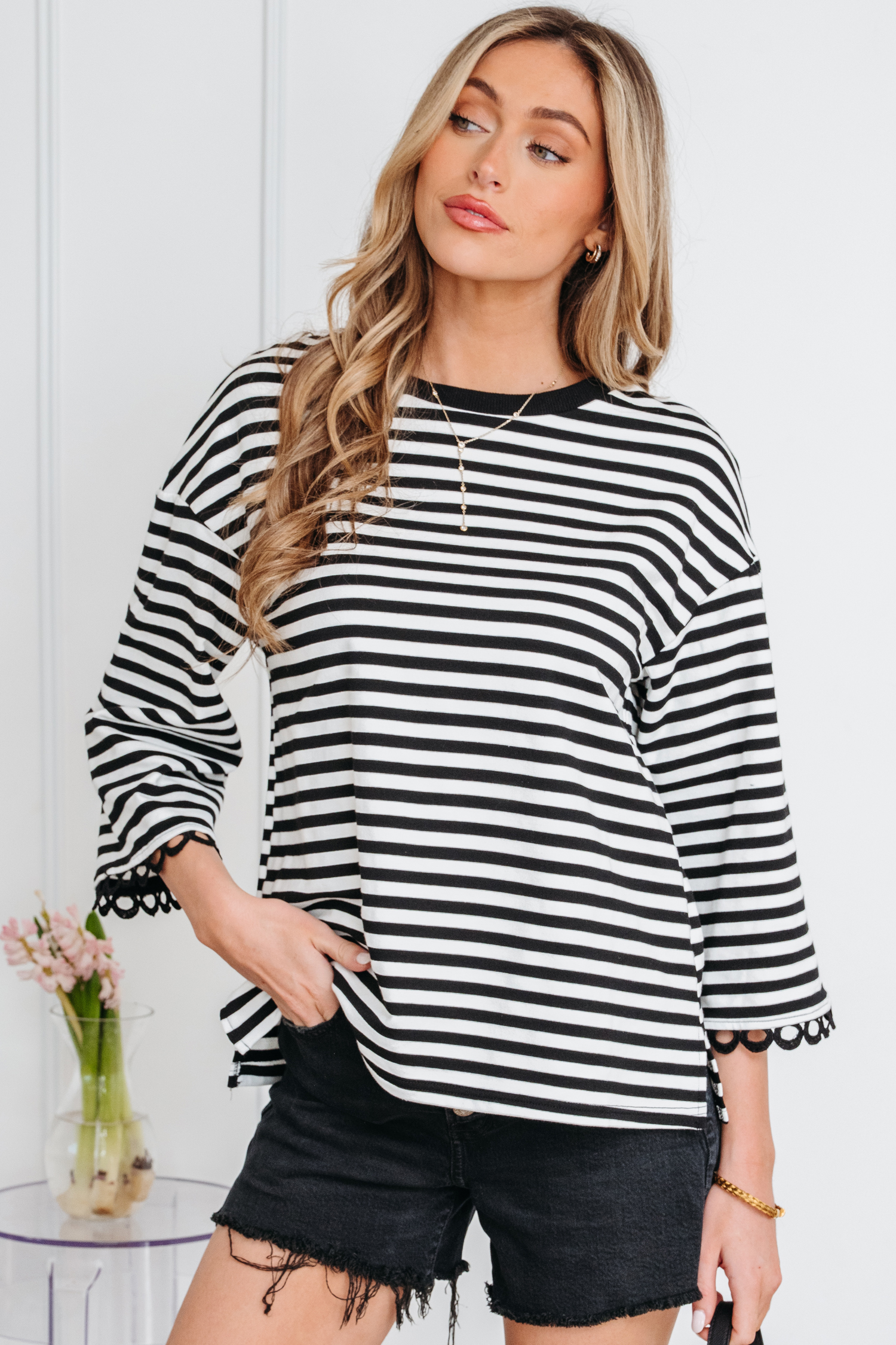 Racing Red Striped Print Drop Shoulder Lace Trim Bracelet Sleeve Loose Top