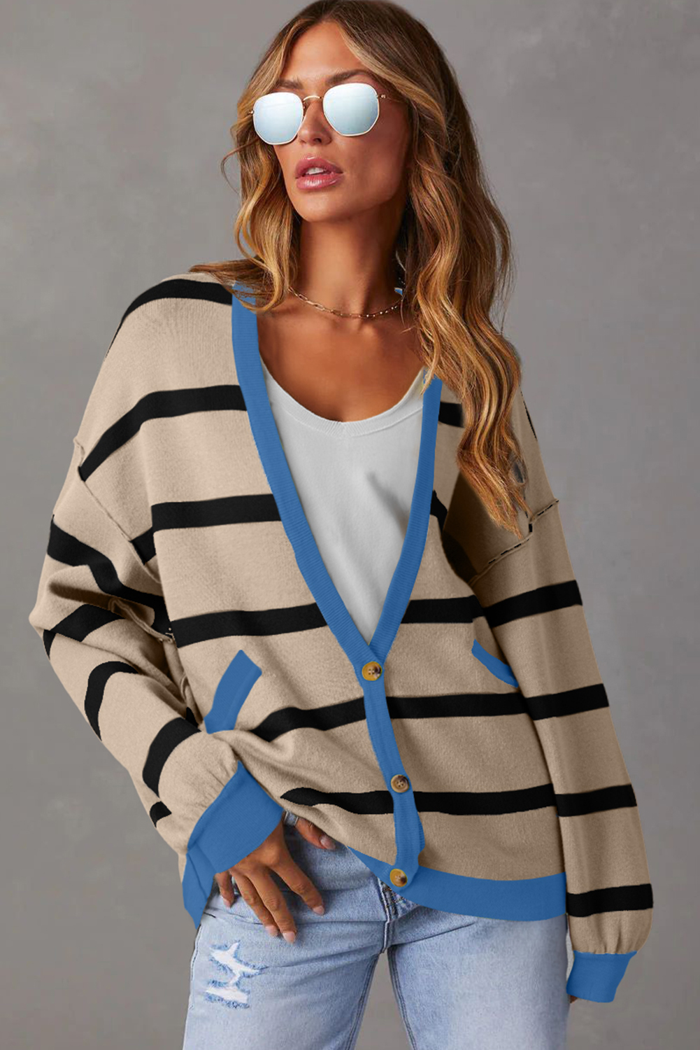 Pink Stripe Colorblock Drop Shoulder Buttoned Loose Cardigan