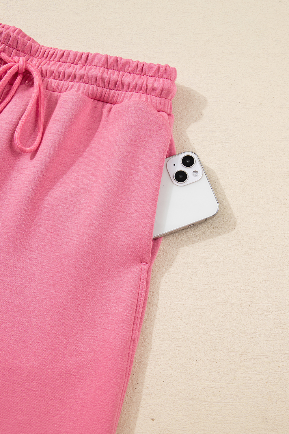 Pink Solid Color Zip Up Hoodie Drawstring Loose Pants Set