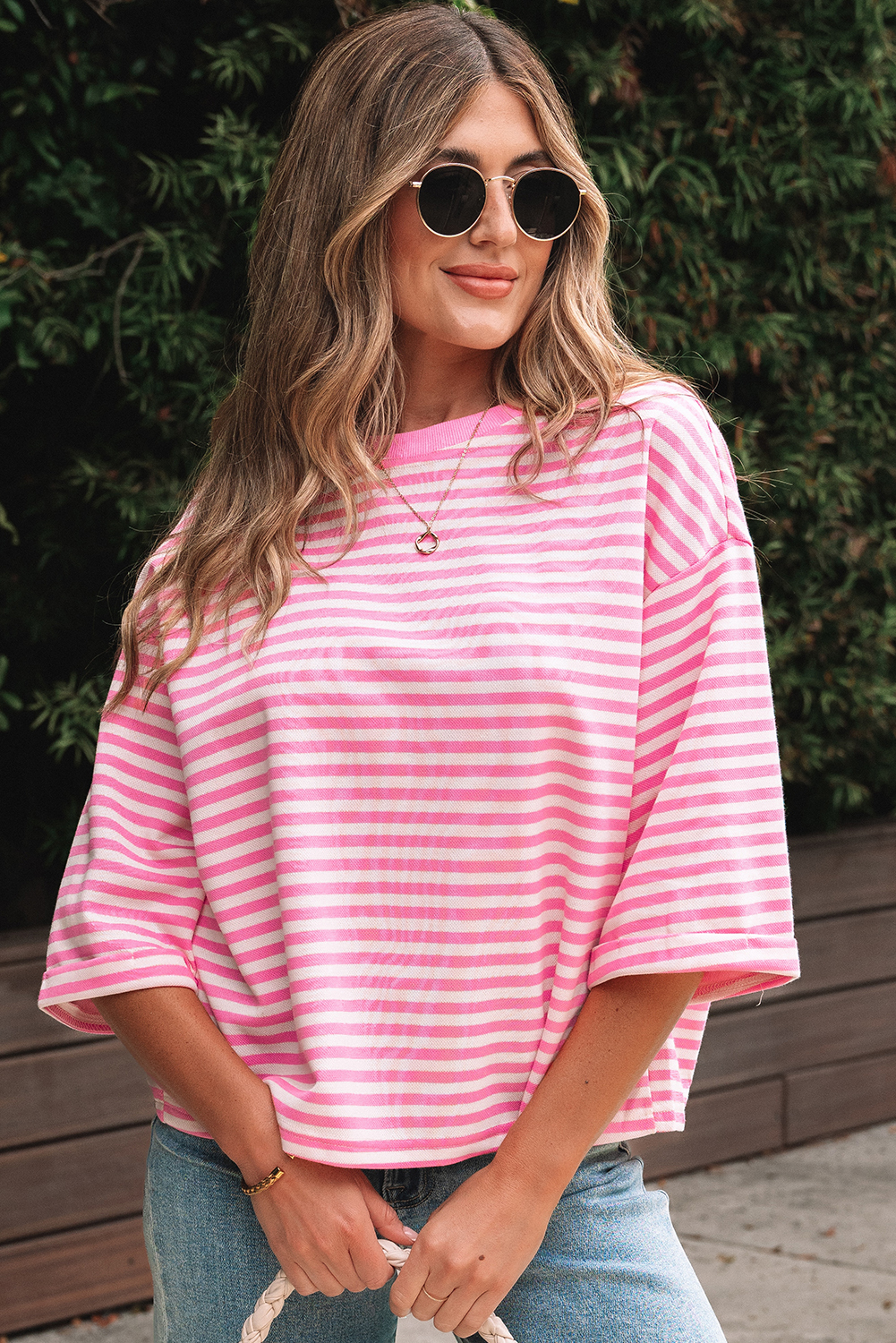 Red Stripe Bowknot Cutout Back Drop Shoulder Wide Bracelet Sleeve Loose Tee