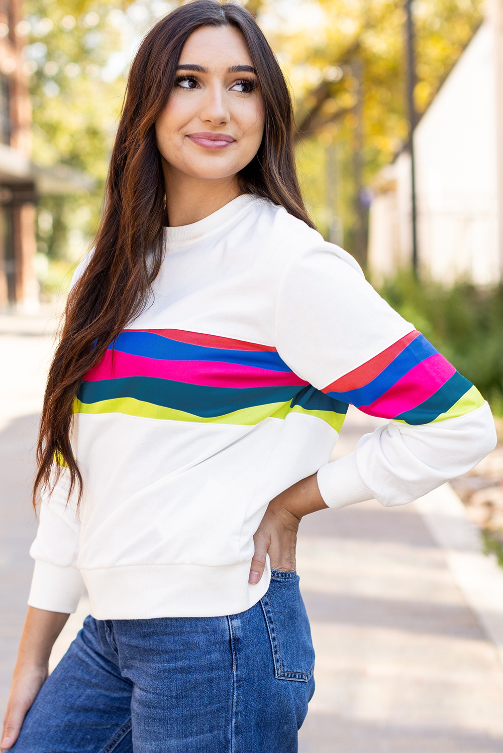 White Plus Size Colorful Striped Drop Shoulder Loose Sweatshirt