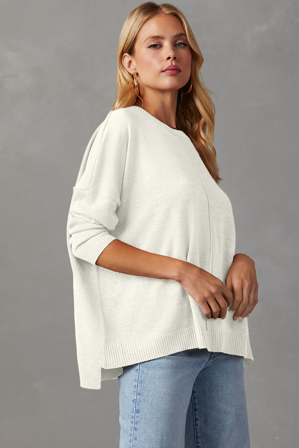 White Front Center Seam Drop Shoulder Pullover Solid Sweater