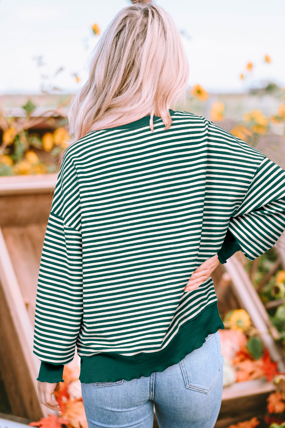 Green Stripe Turkey Pattern Drop Shoulder Pullover Top