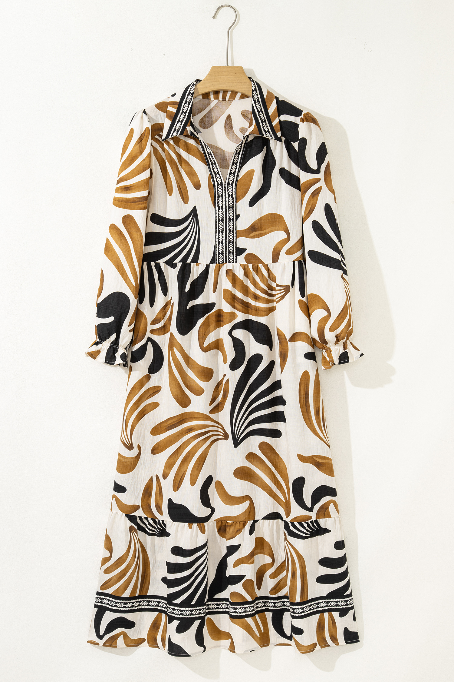 Brown Tropical Printed Contrast Trim Neck Long Sleeve Ruffle Hem Dress