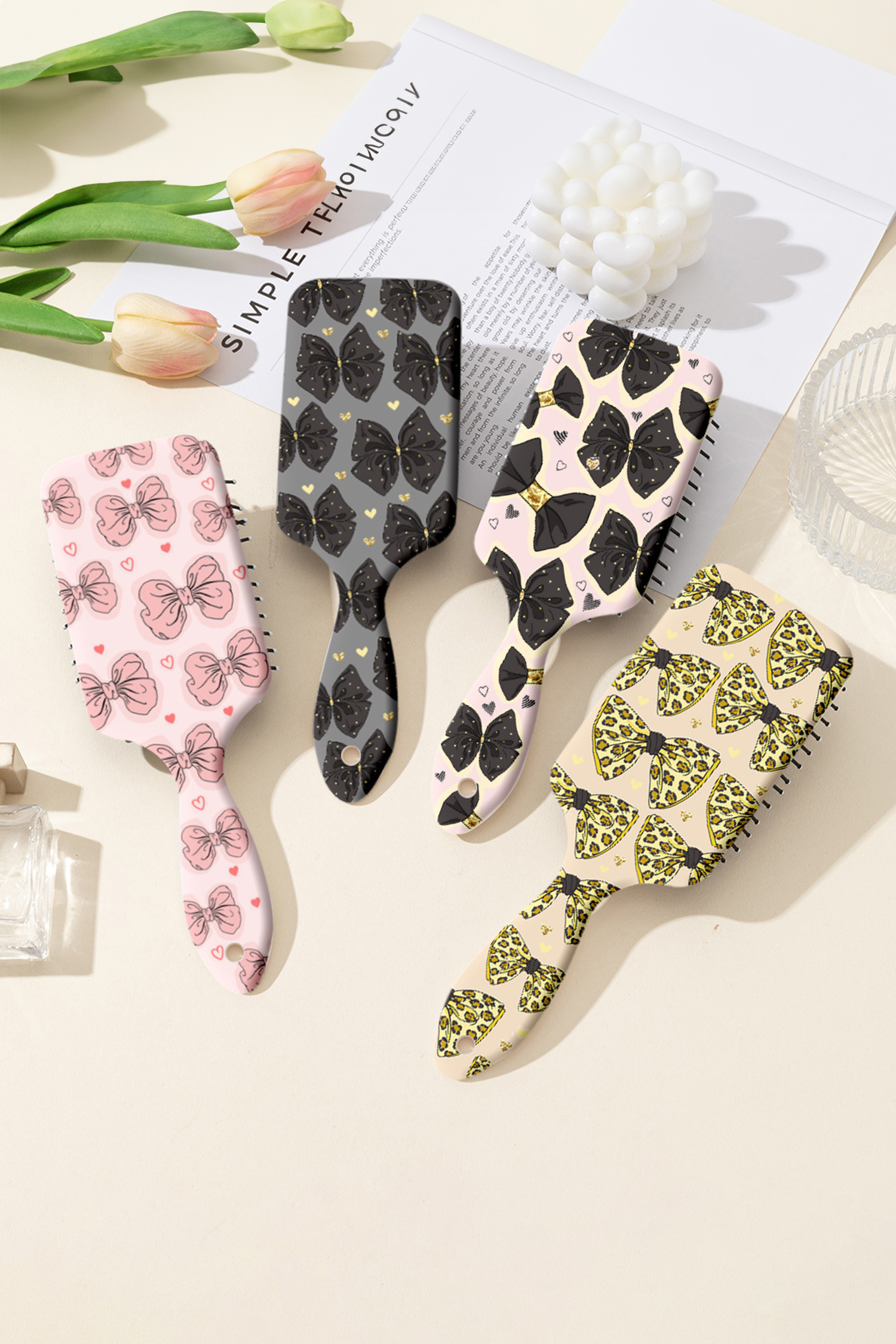 Pink Cute Bow Tiny Heart Printed Air Cushion Comb