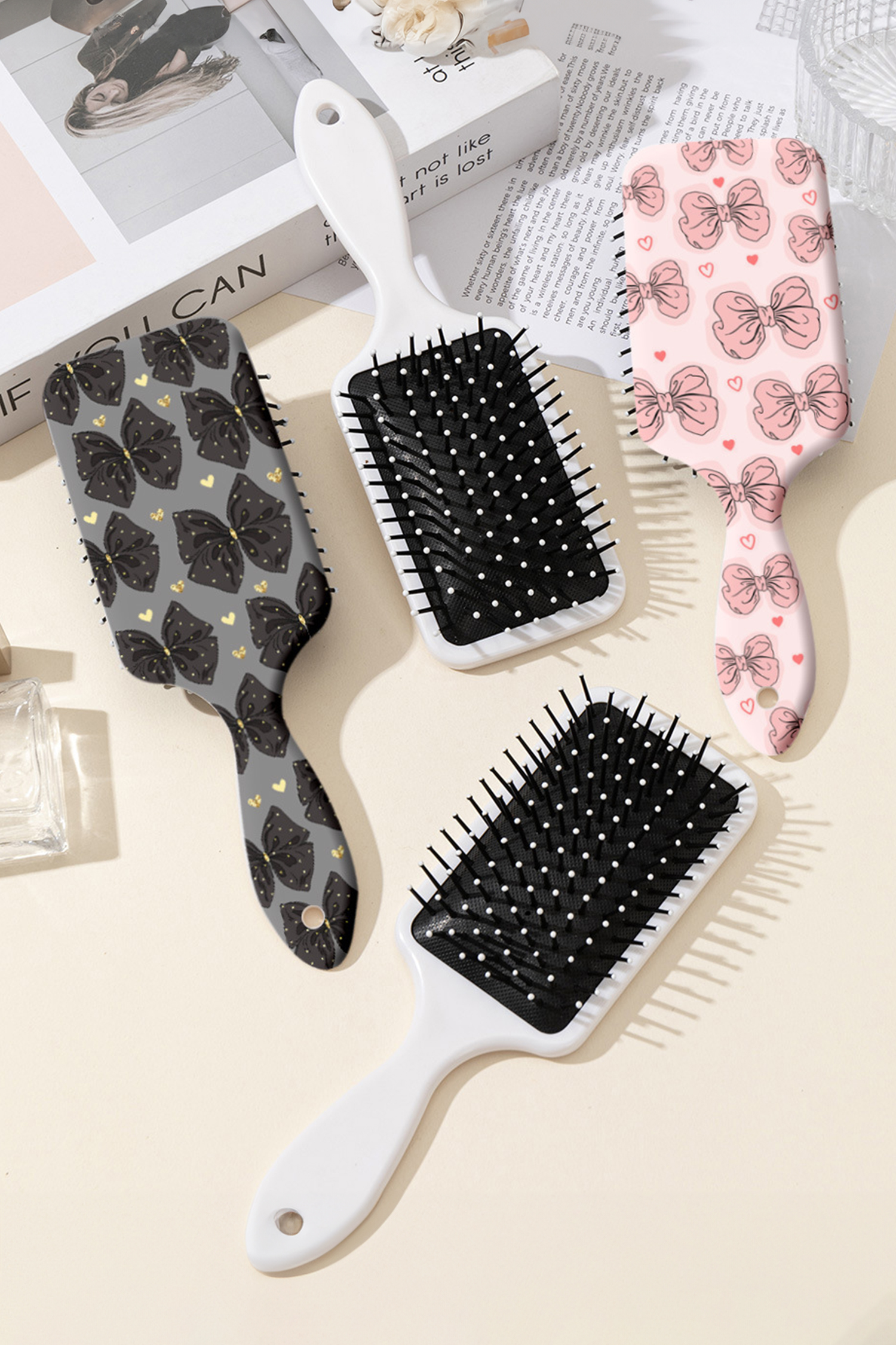 Pink Cute Bow Tiny Heart Printed Air Cushion Comb