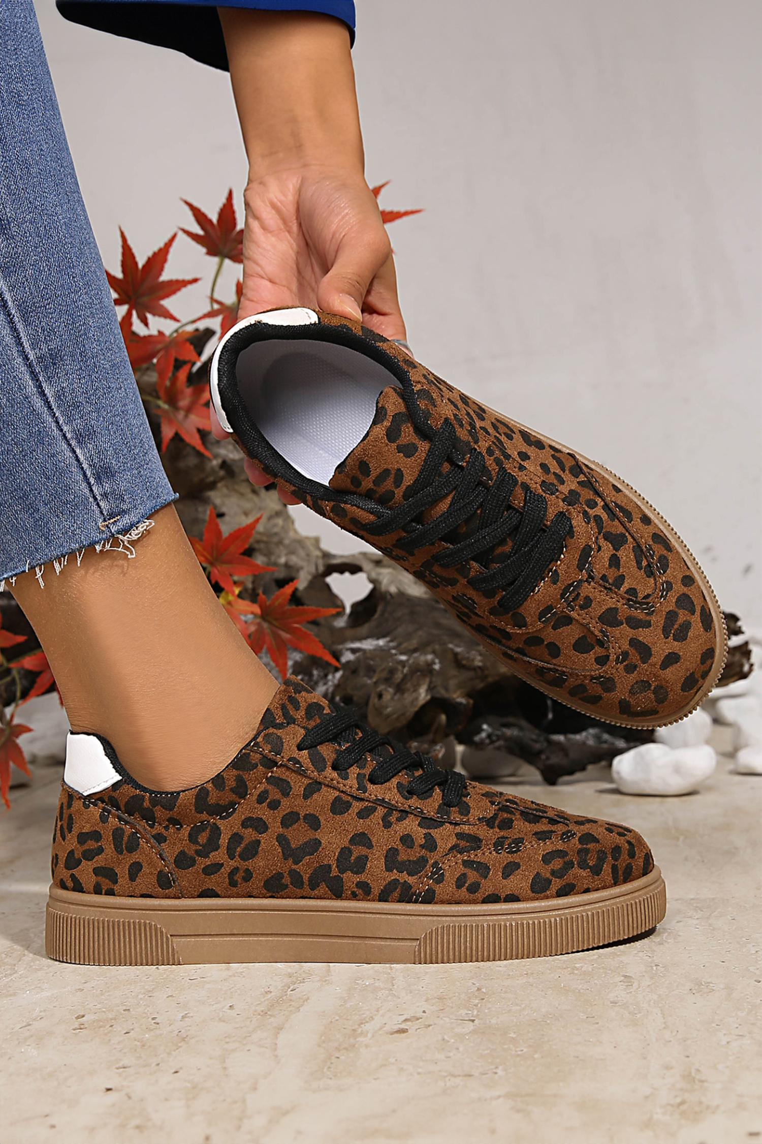 Coffee Leopard Print Contrast Heel Tab Patchwork Laceup Shoes