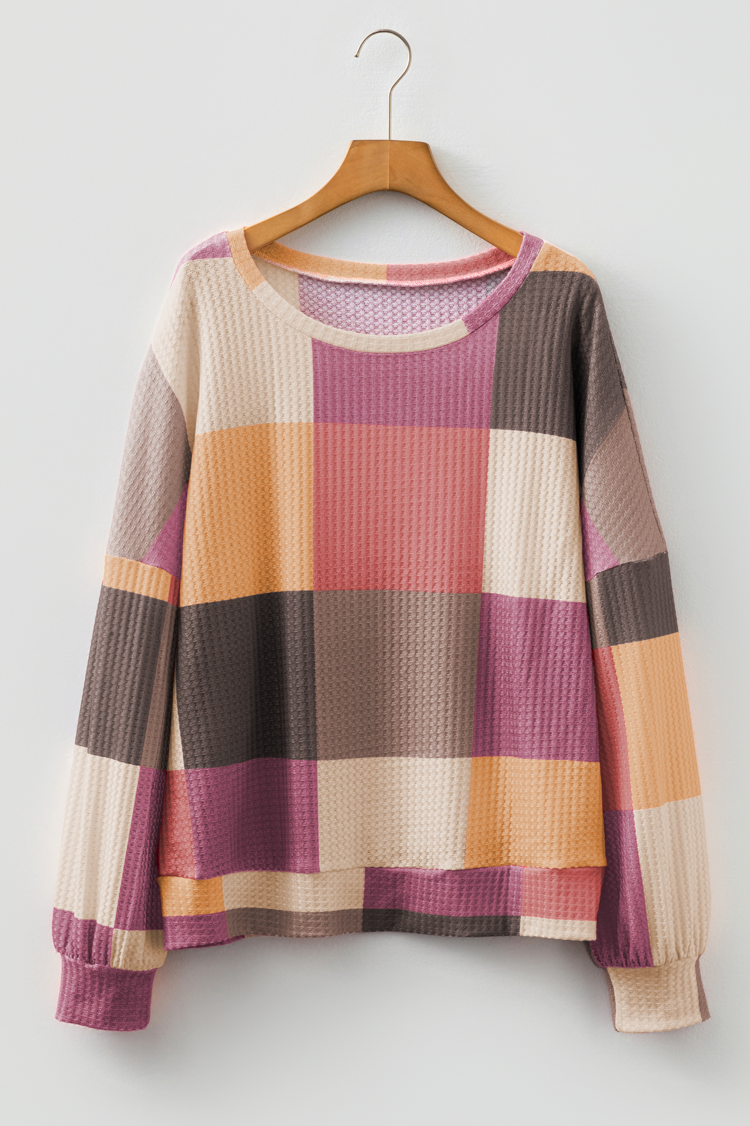 Green Checkered Print Textured Knit Long Sleeve Loose Top