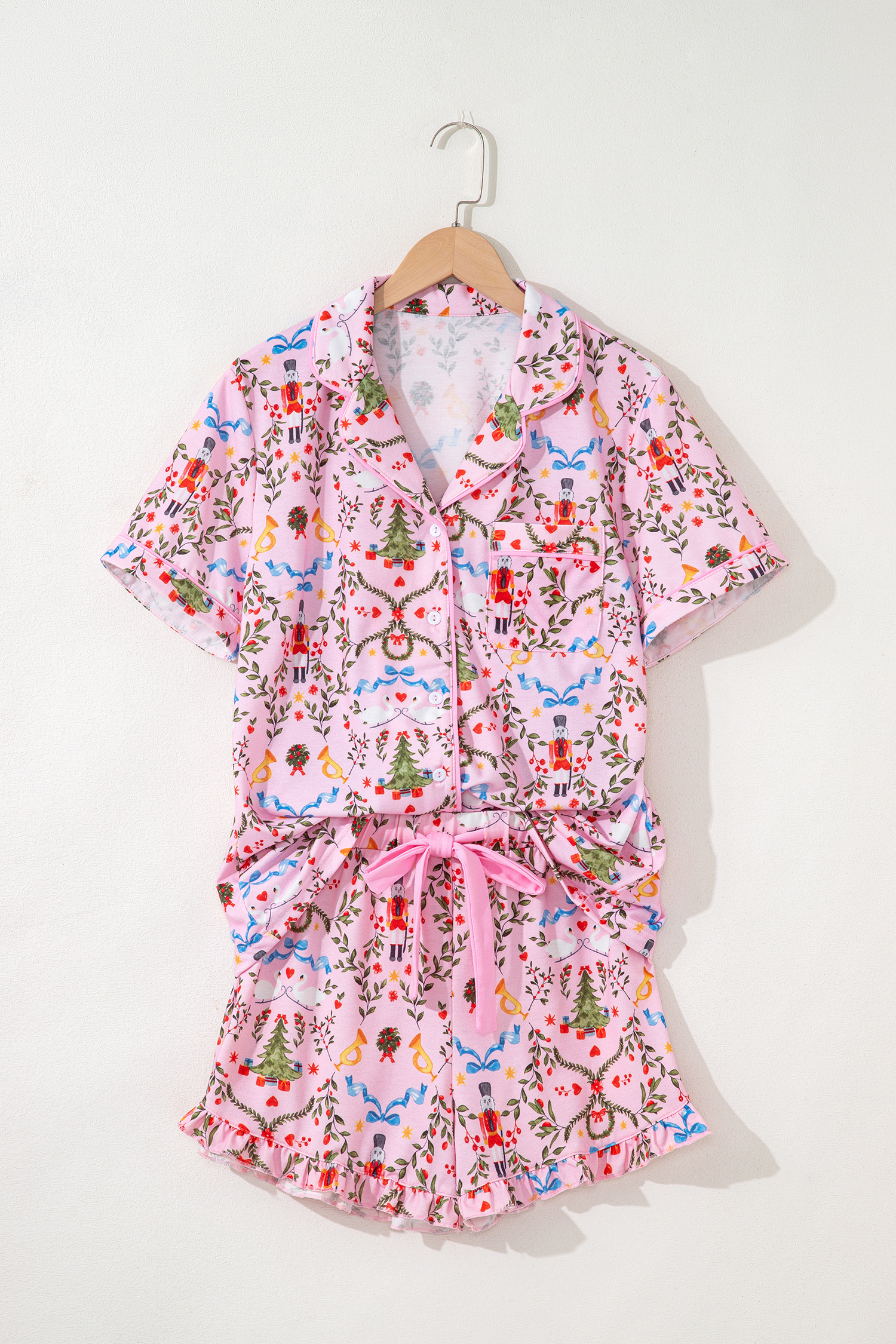 Pink Nutcracker Doll Christmas Print Ribbon Tie Waist Short 2pcs Pajama Set