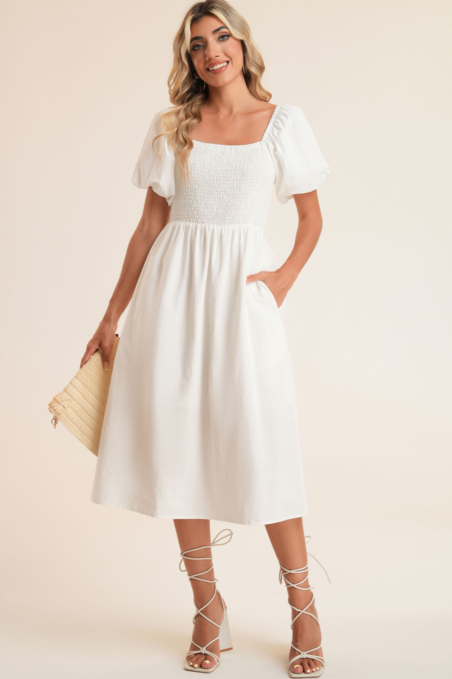 White Custom Square Neck Short Puff Sleeve Smocked Midi Dress