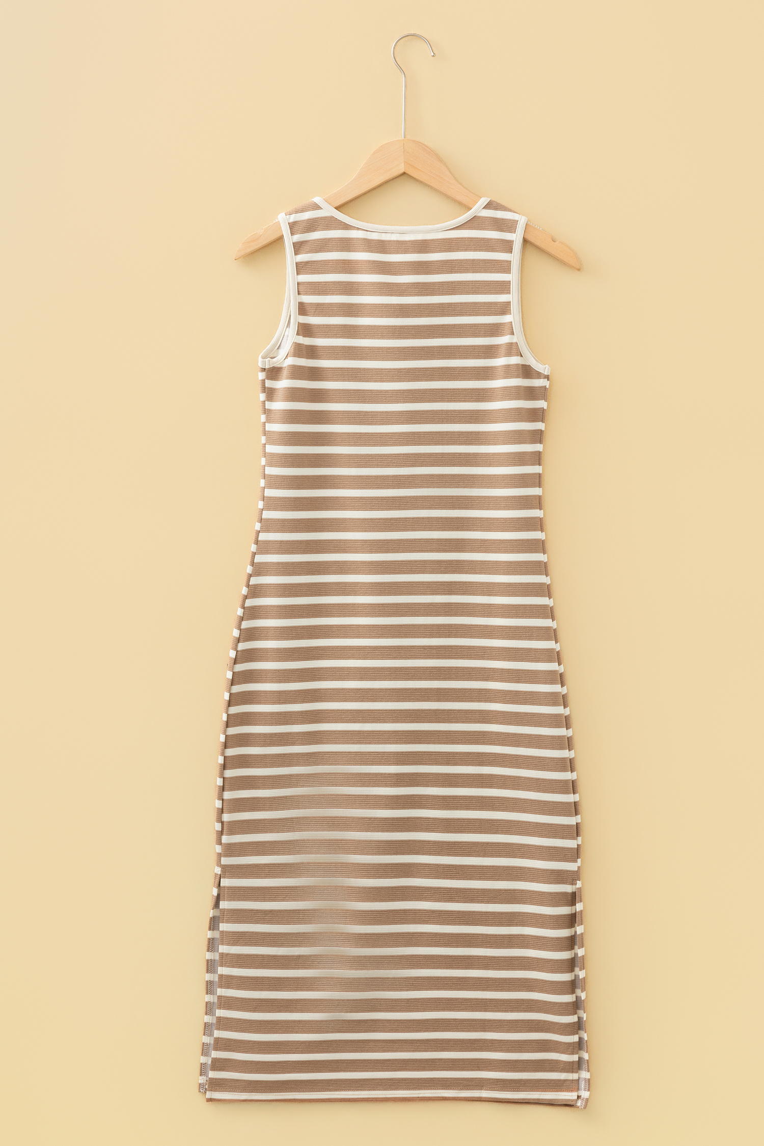 Khaki Stripe Tie V Neck Sleeveless Side Slit Midi Dress
