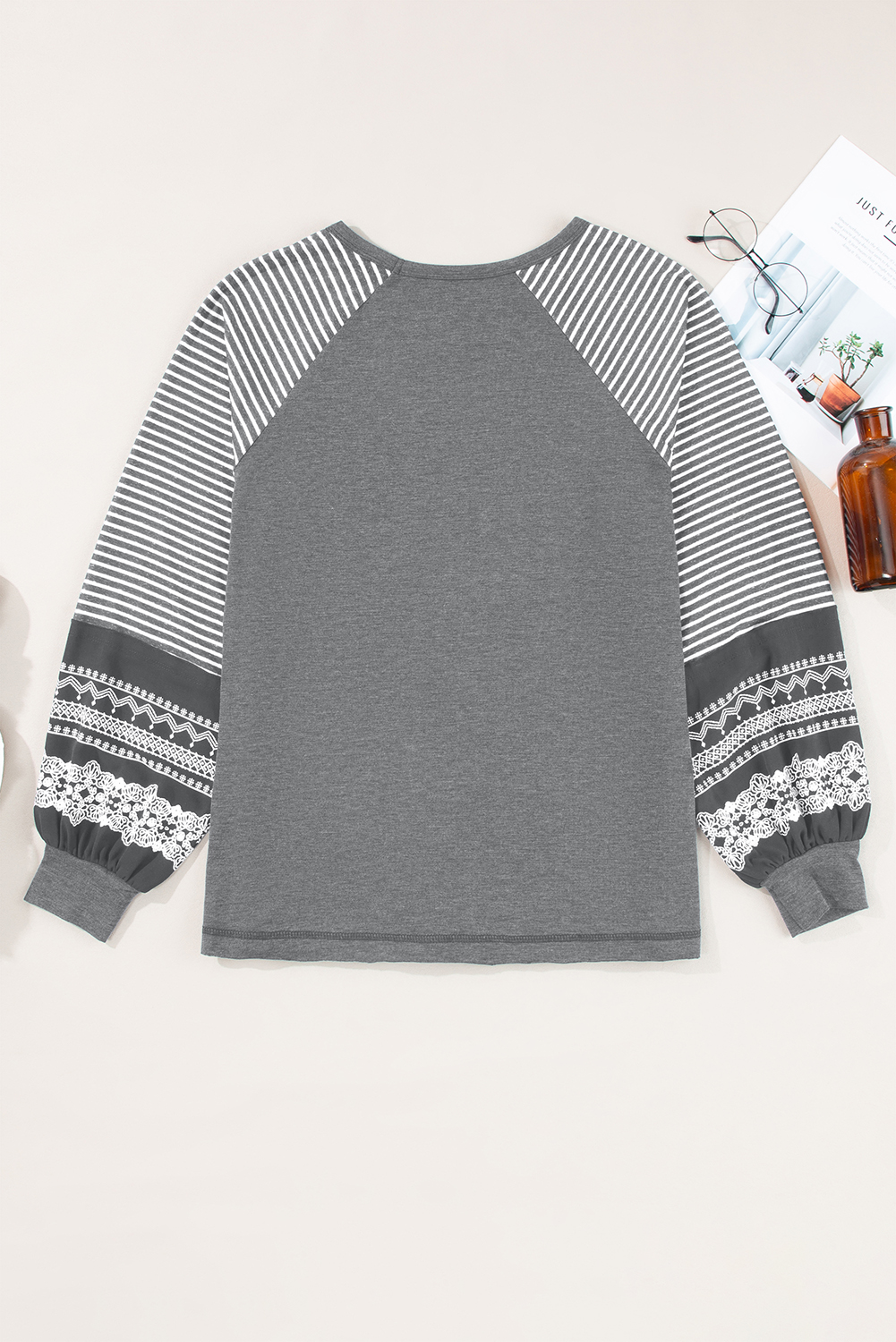 Tillandsia Purple Contrast Print Striped Raglan Long Sleeve Loose Top