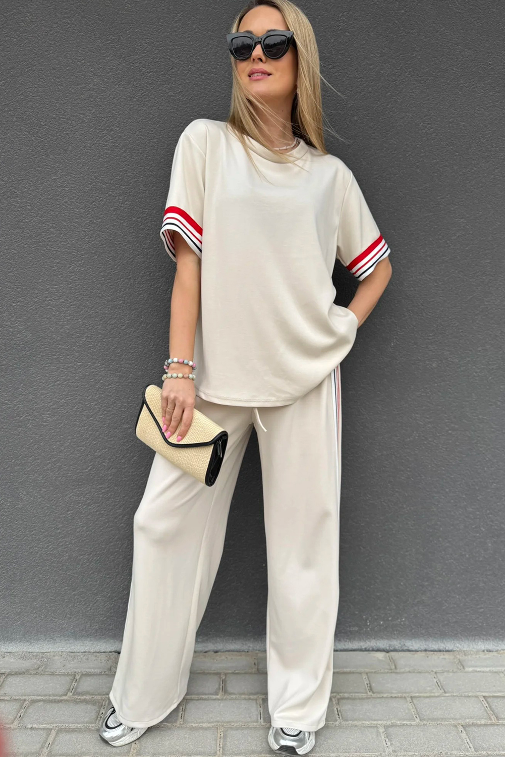 Jet Stream Contrast Striped Trim Crewneck T Shirt Loose Straight Pants Set