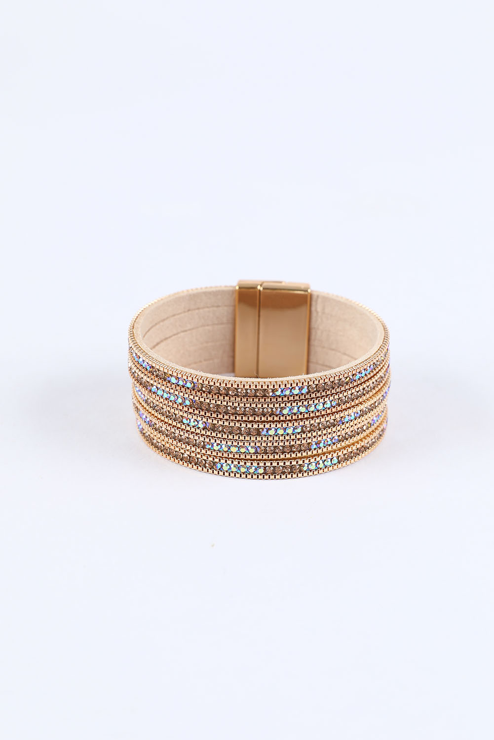Gold Full Diamond Leather Wide Plated Magnetic Buckle Bracelet