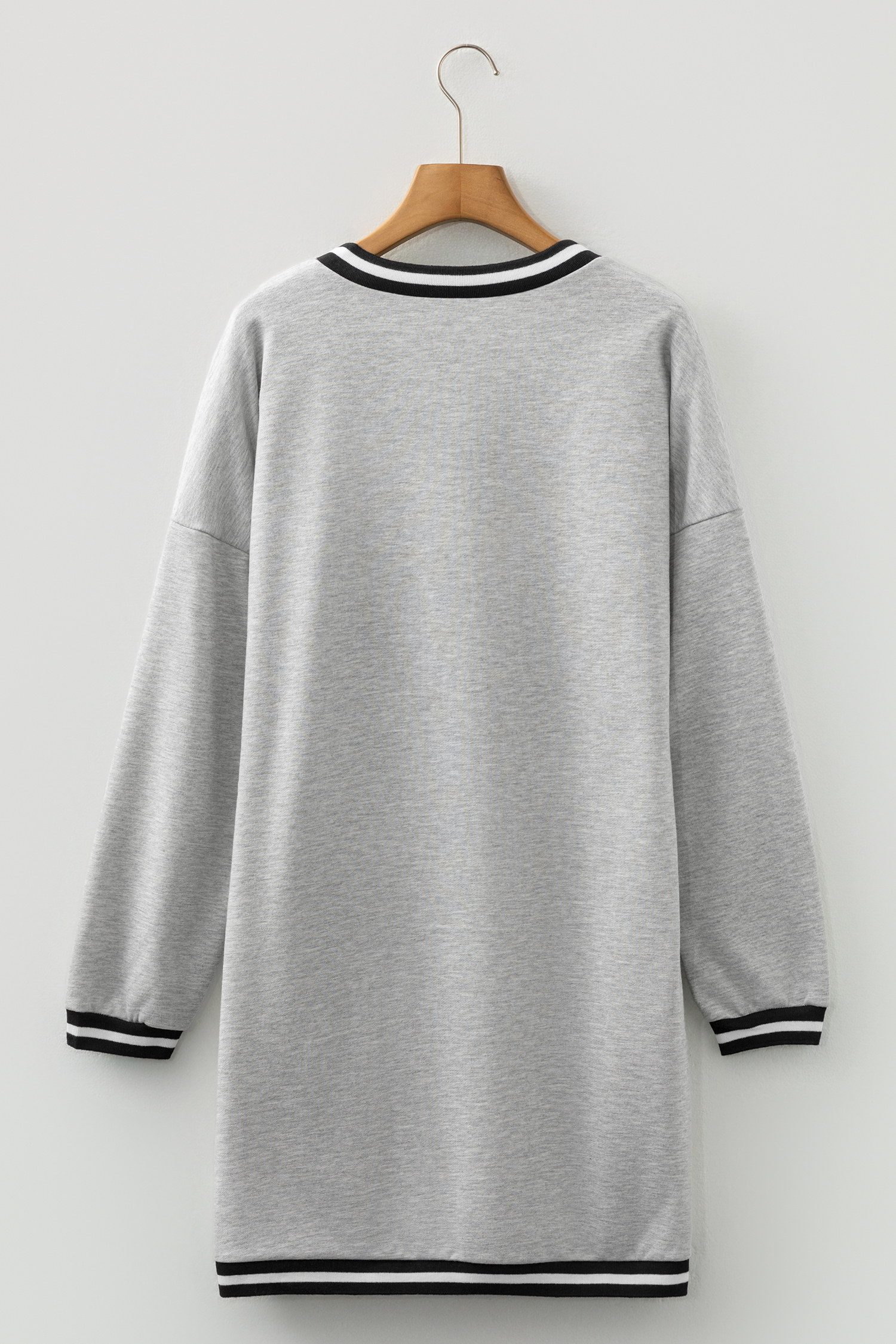 Light Grey Striped Trim V Neck Long Sleeve Preppy T Shirt Dress