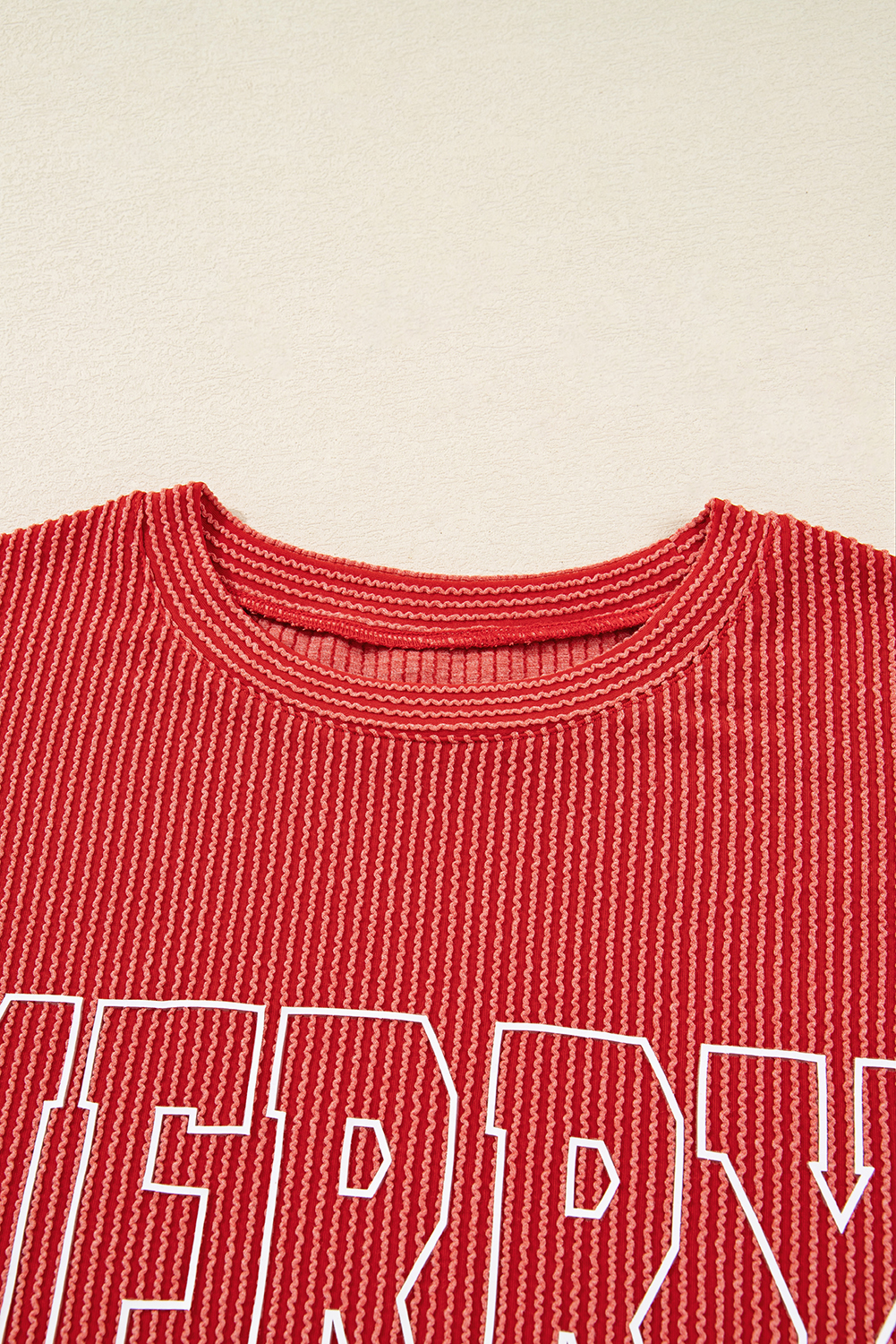 Evergreen Twisted Rib Outlined Merry Letter Graphic Loose Long Sleeve Top