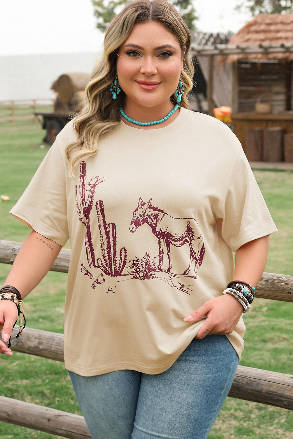 Parchment  Western Burro Cactus Crew Neck Graphic Tee