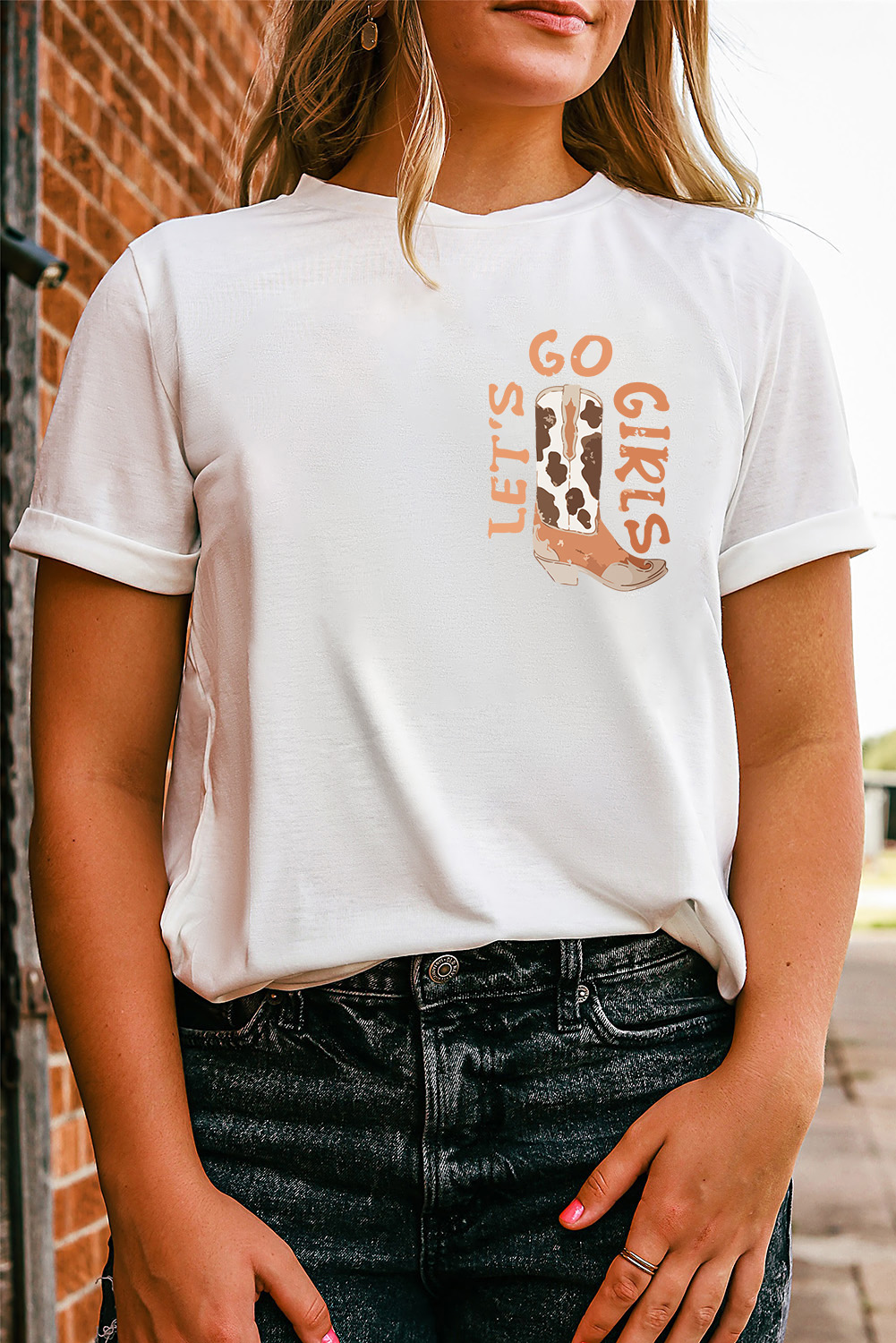 White Western Cowboy Boots Print Round Neck T Shirt