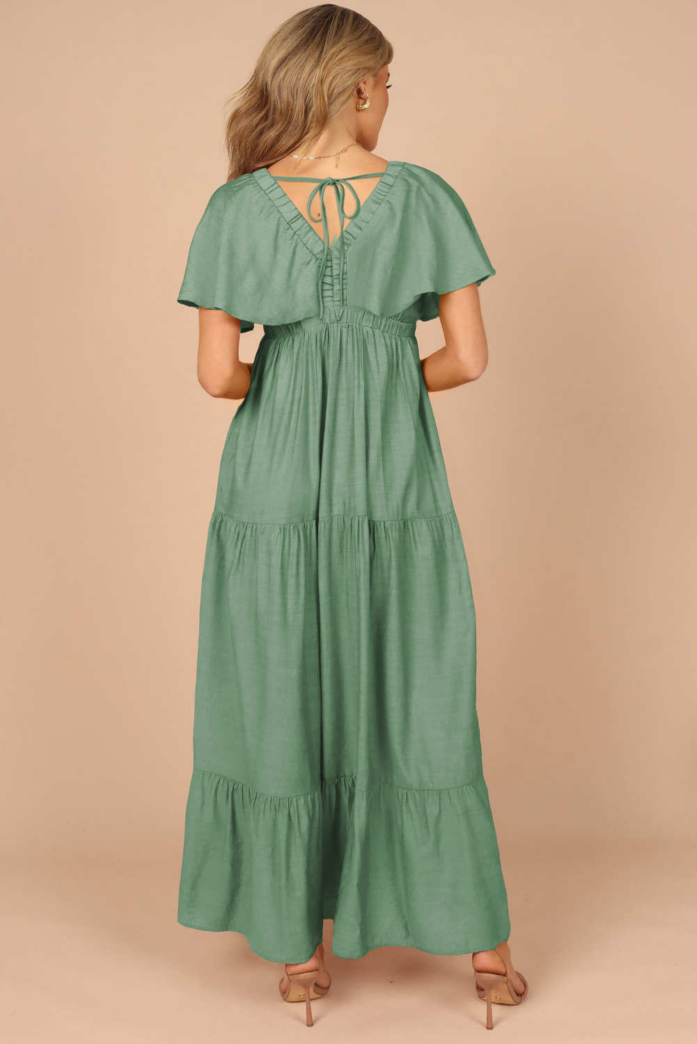 Grass Green Textured V Neck Flutter Sleeve Ruffled Maxi Dress