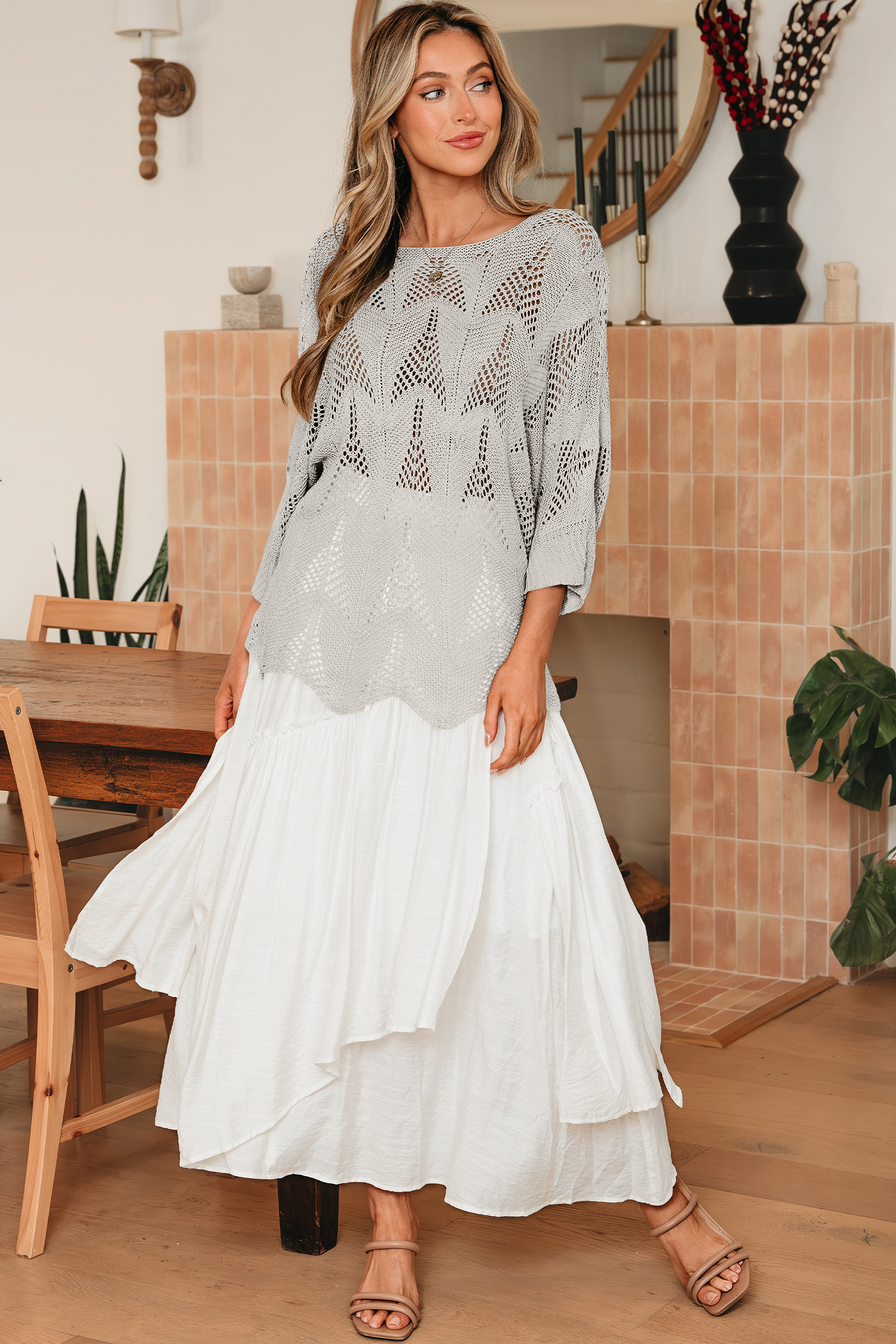 Navy Blue Hollow Out Knit 7/8 Sleeve Casual Sweater