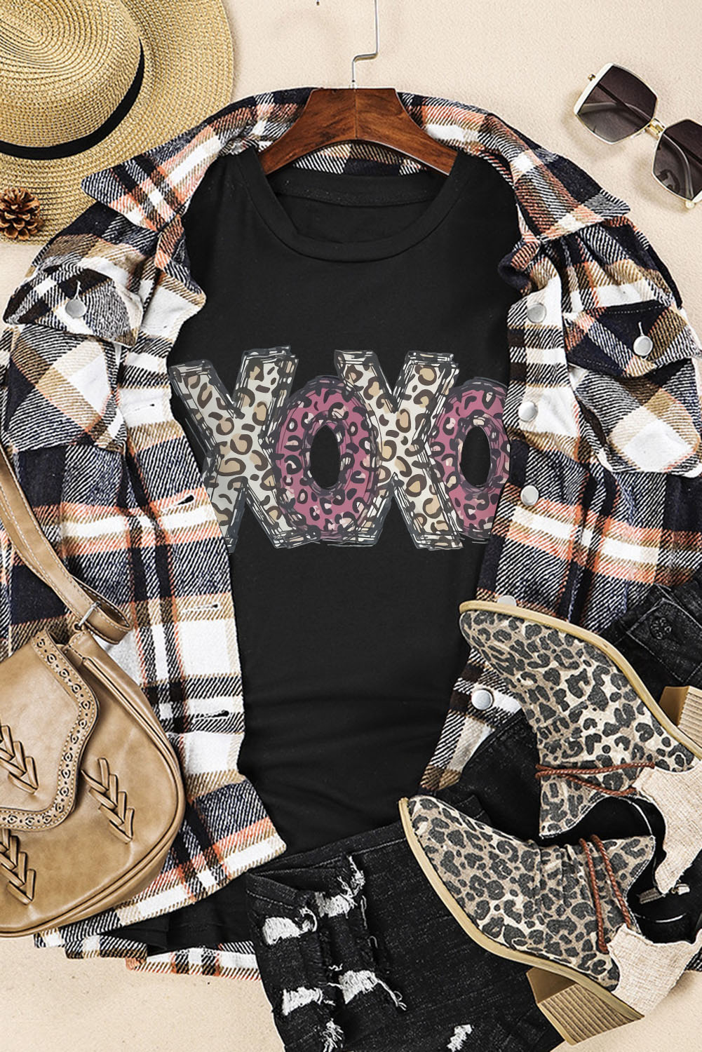 Black Leopard XOXO Print T Shirt