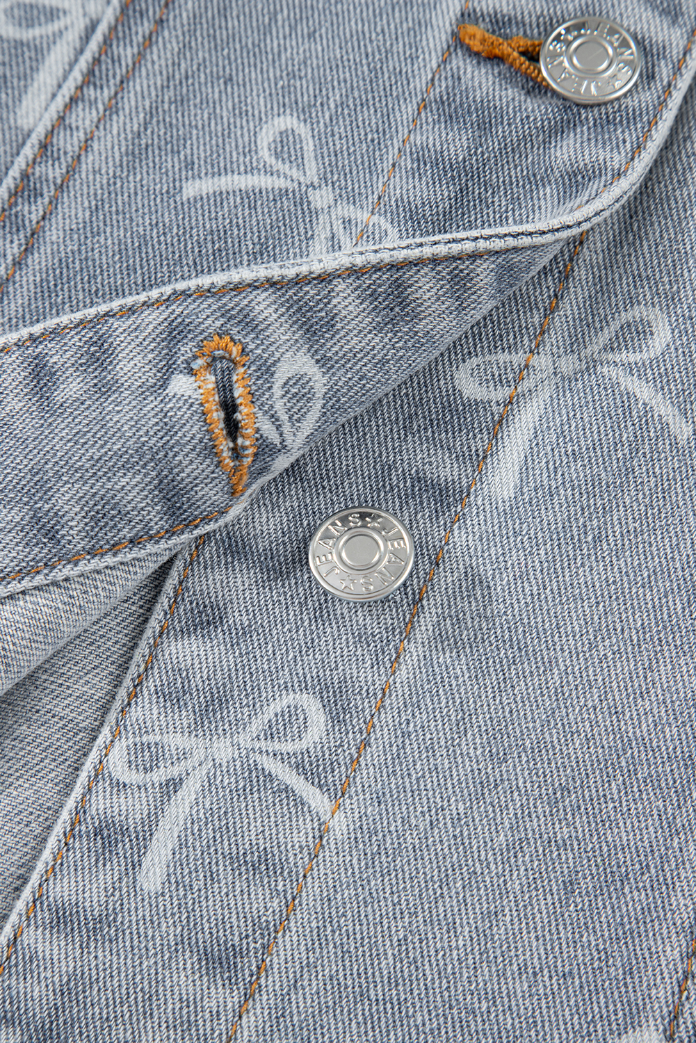 Sky Blue Bow Knot Print Light Wash Raw Hem Denim Jacket