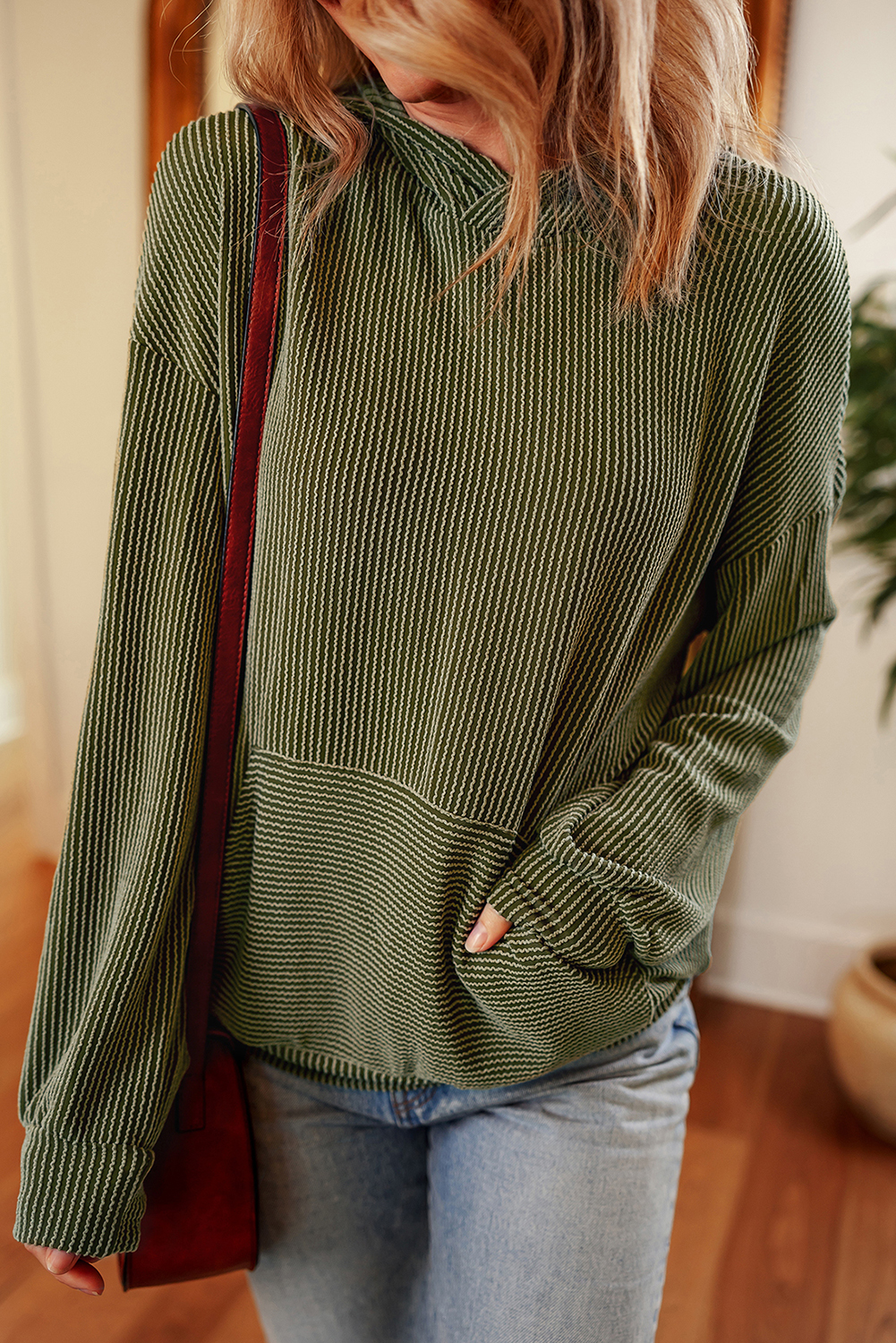 Smoke Gray Twisted Rib Texture Solid Hoodie