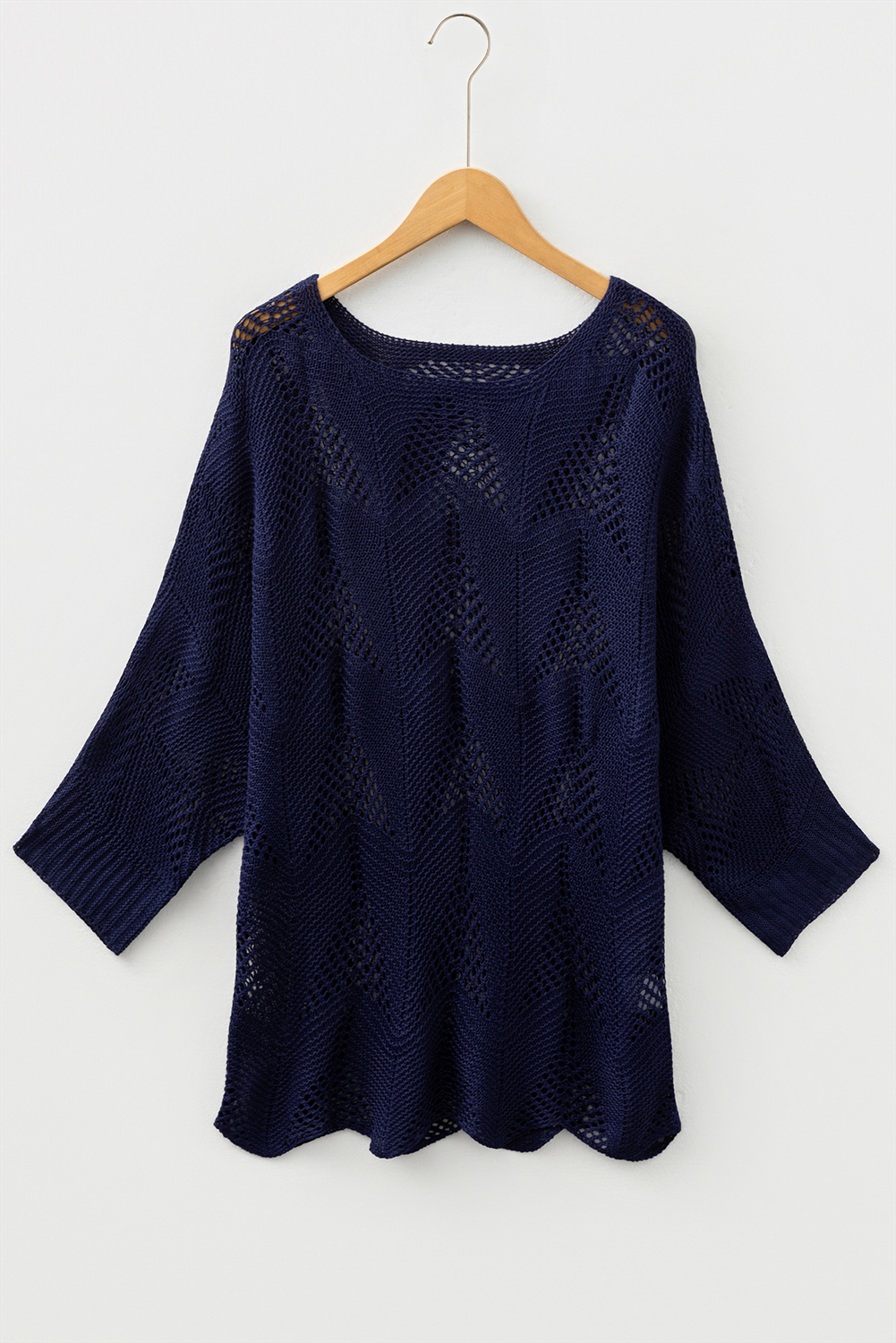 Navy Blue Hollow Out Knit 7/8 Sleeve Casual Sweater
