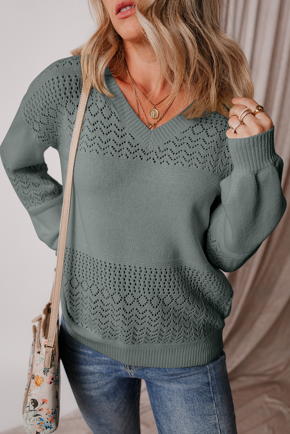 Sky Blue Eyelet Pattern Detail V Neck Drop Shoulder Sweater