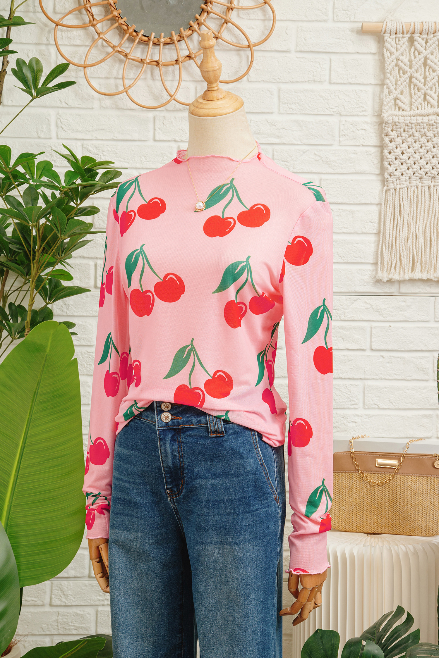 Pink Cherry Print Lettuce Trim Long Sleeve Mesh Top