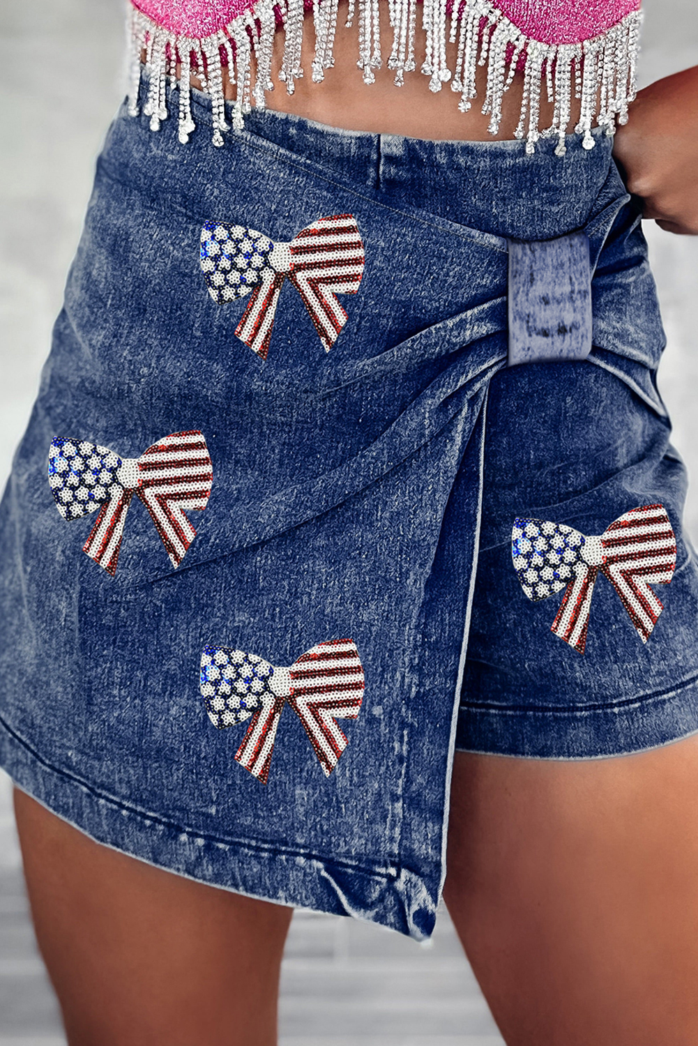 Sail Blue High Waist USA Flag Inspire Bow Patched Twisted Denim Skort
